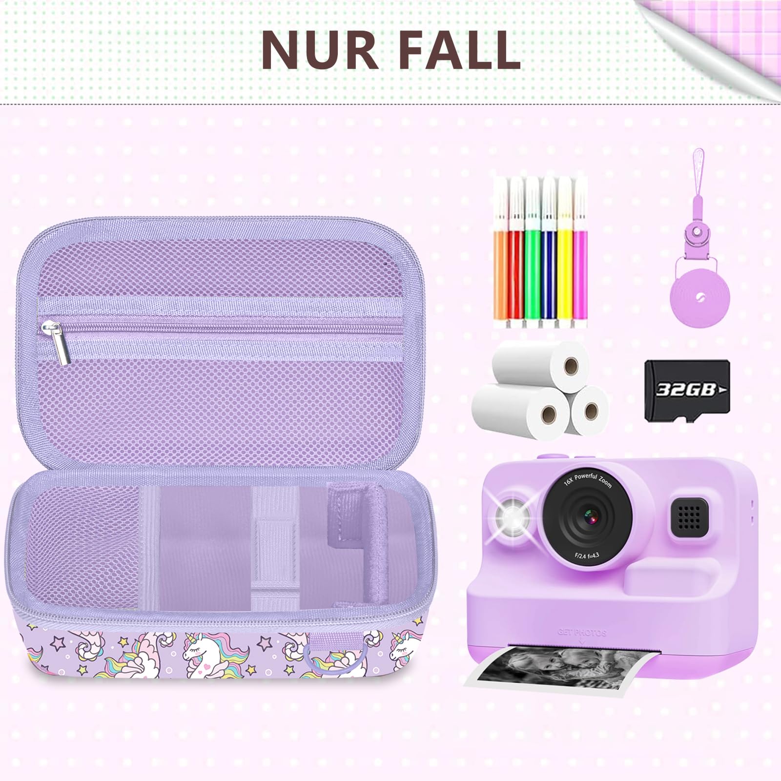 Leayjeen Borsa per fotocamera per bambini, compatibile con HiMont/Greenkid/Hiievpu/CalineGam/Gofunly/AMCLID/Uleway, con tracolla e maniglia (solo borsa), Cavalluccio marino viola, L, Cinghia per