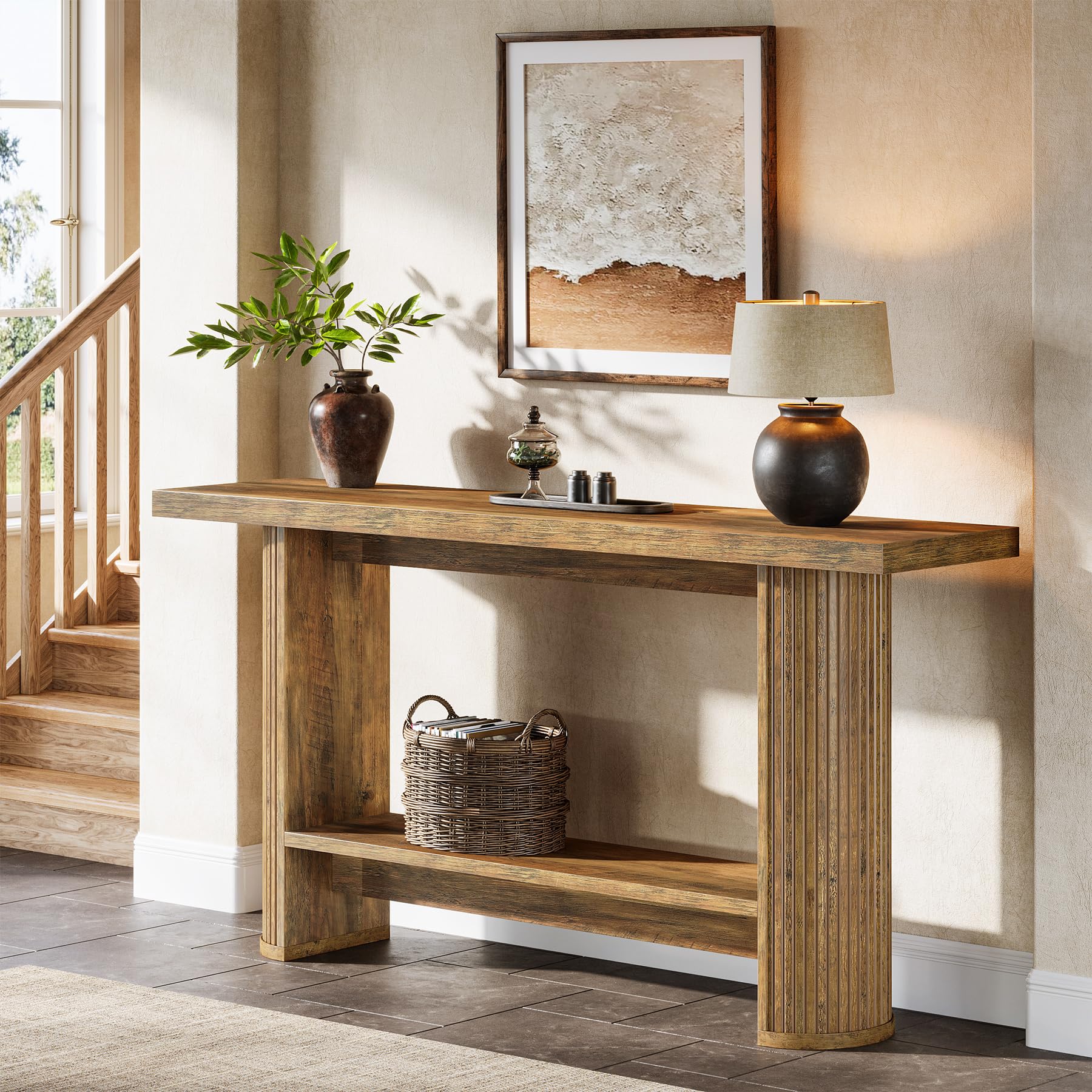 Tribesigns Mesa de Consola, Mesa de Entrada Moderna de 140 cm, Consola Recibidor Angosta para Sofá, Consola Madera con 2 Estantes para Pasillos, Entrada o Sala, Marrón
