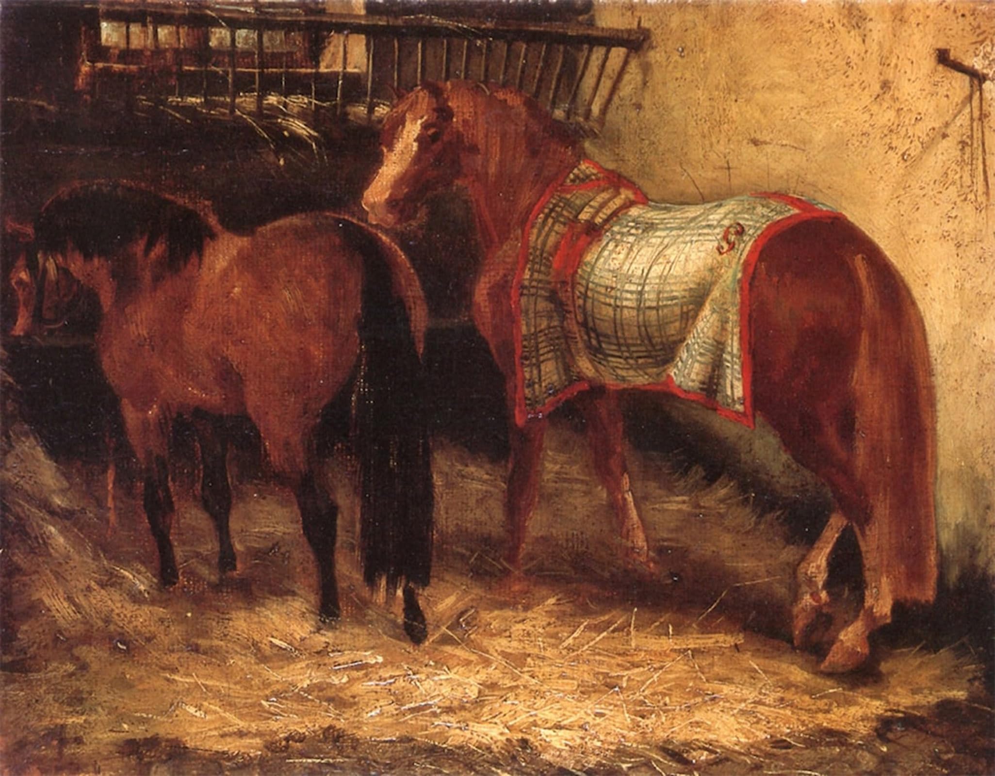 ARTXLXXBN Famous Painting Art Wall Decor Abstract Art Picture Two Horses in a Stable by Theodore Gericault Animal Pictures for Home Decor 60x90cm