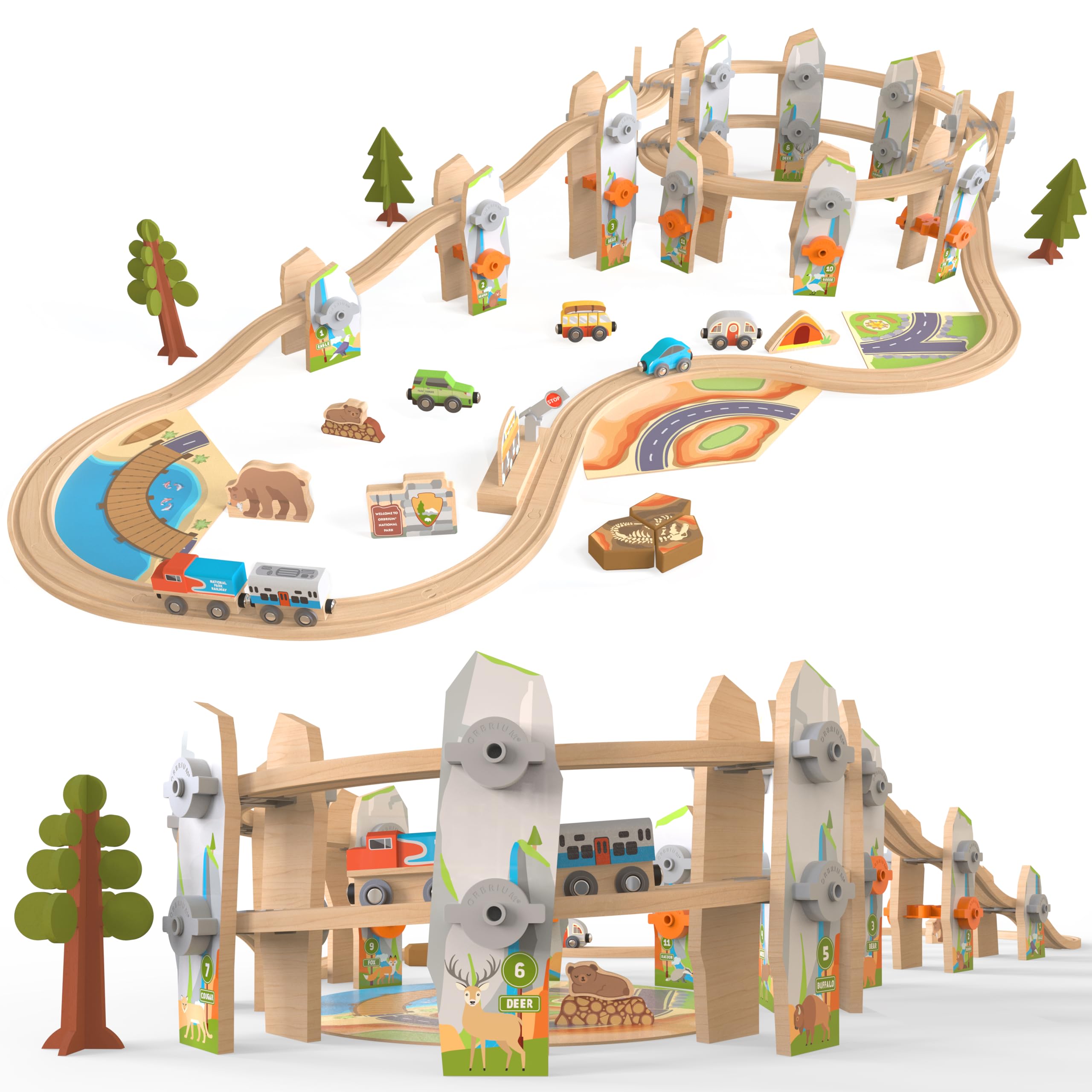 Wooden Train Set 141 Pc Build and Play Elevated Track System STEAM Accredited National Park Animal Railway Multi Level Spiral STEM Toy Gift for Grandkids Kids Toddlers Compatible Thomas Brio Railway