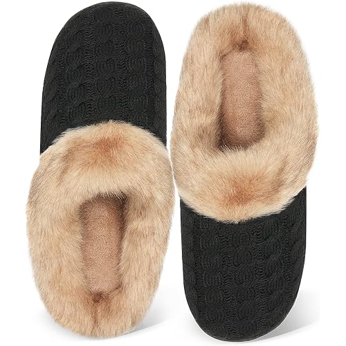 WateLves Women's Memory Foam Slippers Knitted Fur Collar House Shoes Anti-Skid Sole for Indoor & Outdoor
