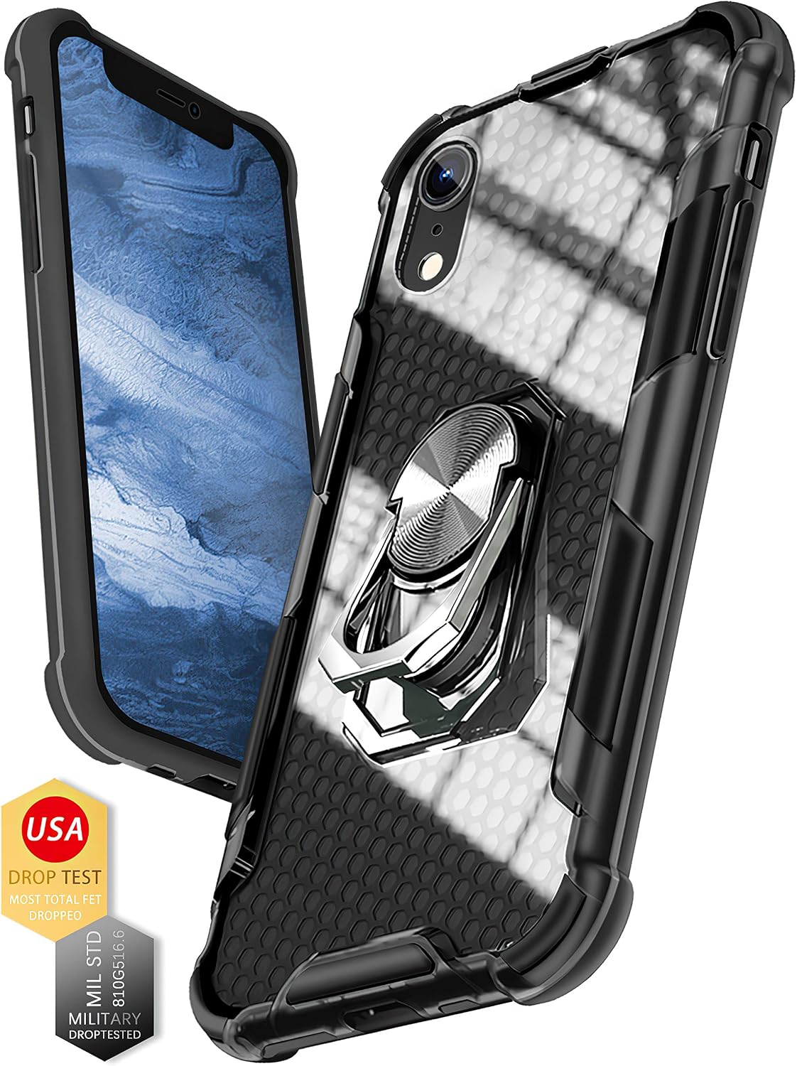 ZTASEMI iPhone XR Case Fingerprint | Kickstand | Anti-Scratch | Microfiber Liner,5X Military Armor-Level Shockproof [Three Stand Ways] Protective Slim Hard Phone Cover Case with Metal Kickstand-Black
