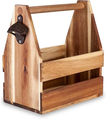 Miniatura 3 de Foster & Rye Acacia Wood 6-Pack Portabebés - Portabidón para botellas, soporte para bebidas, organizador de botellas de licor