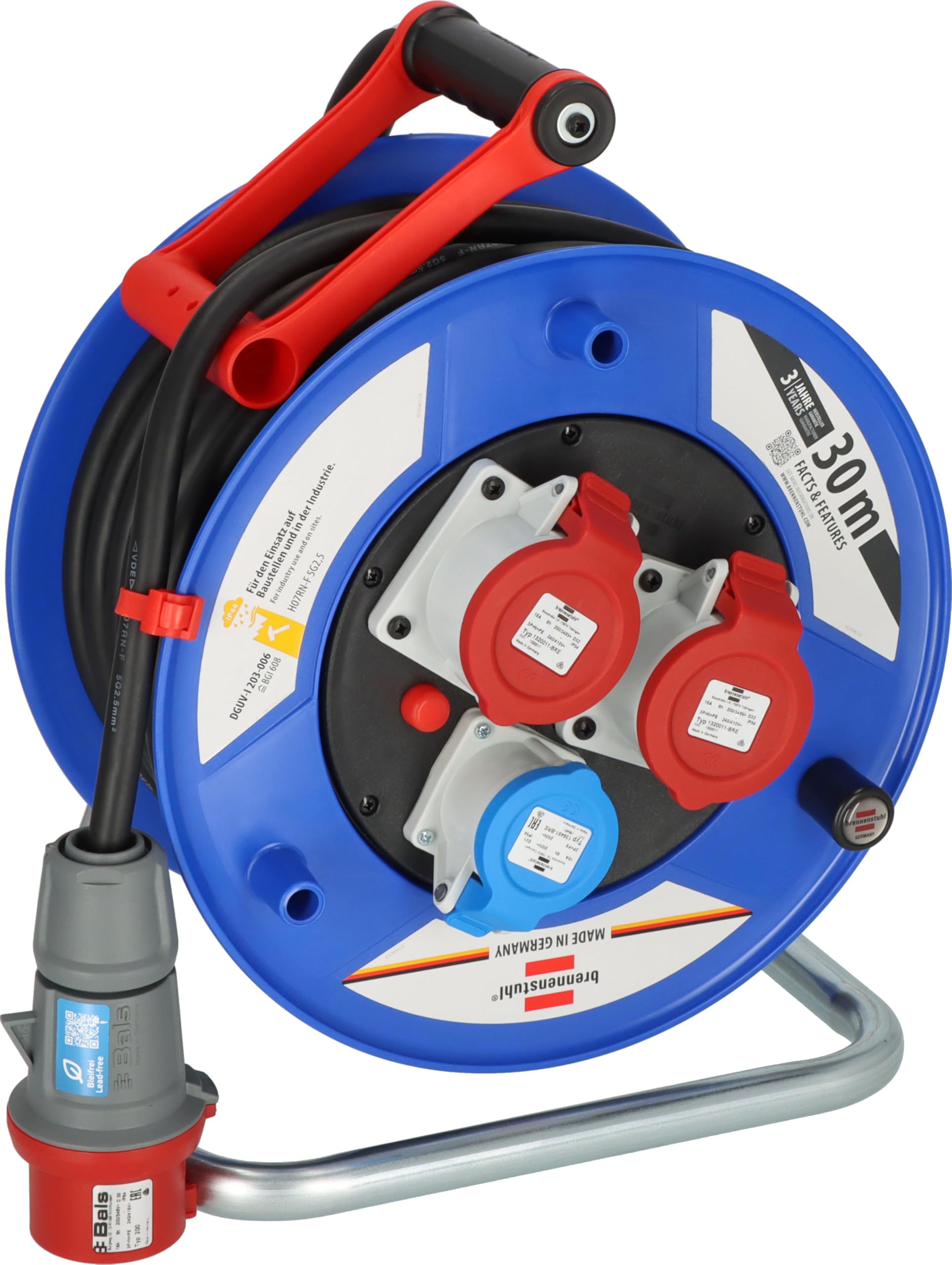 Brennenstuhl Garant CEE IP44 - Avvolgicavo per cantieri industriali/cantieri, 30 m, in plastica speciale, per uso in cantiere e uso permanente all'aperto, prodotto in Germania, colore: Nero