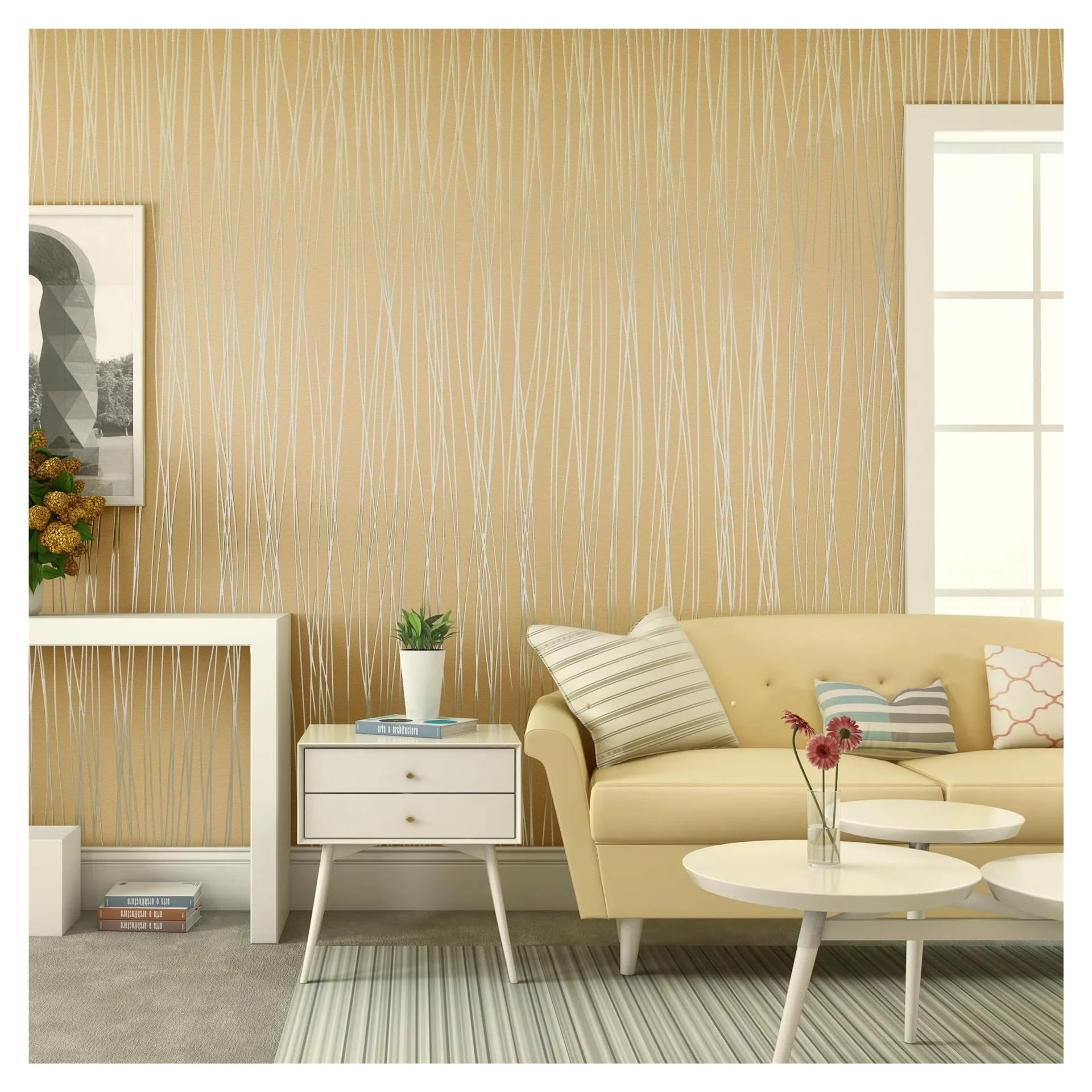 CIGPKLO Grasscloth Wallpaper Non Woven Wallpaper Bedroom Living Room Solid Color Plain Striped Background Wall Papers Home Decor Papel Tapiz 3D para Pared(Yellow,9.5mx53cm)