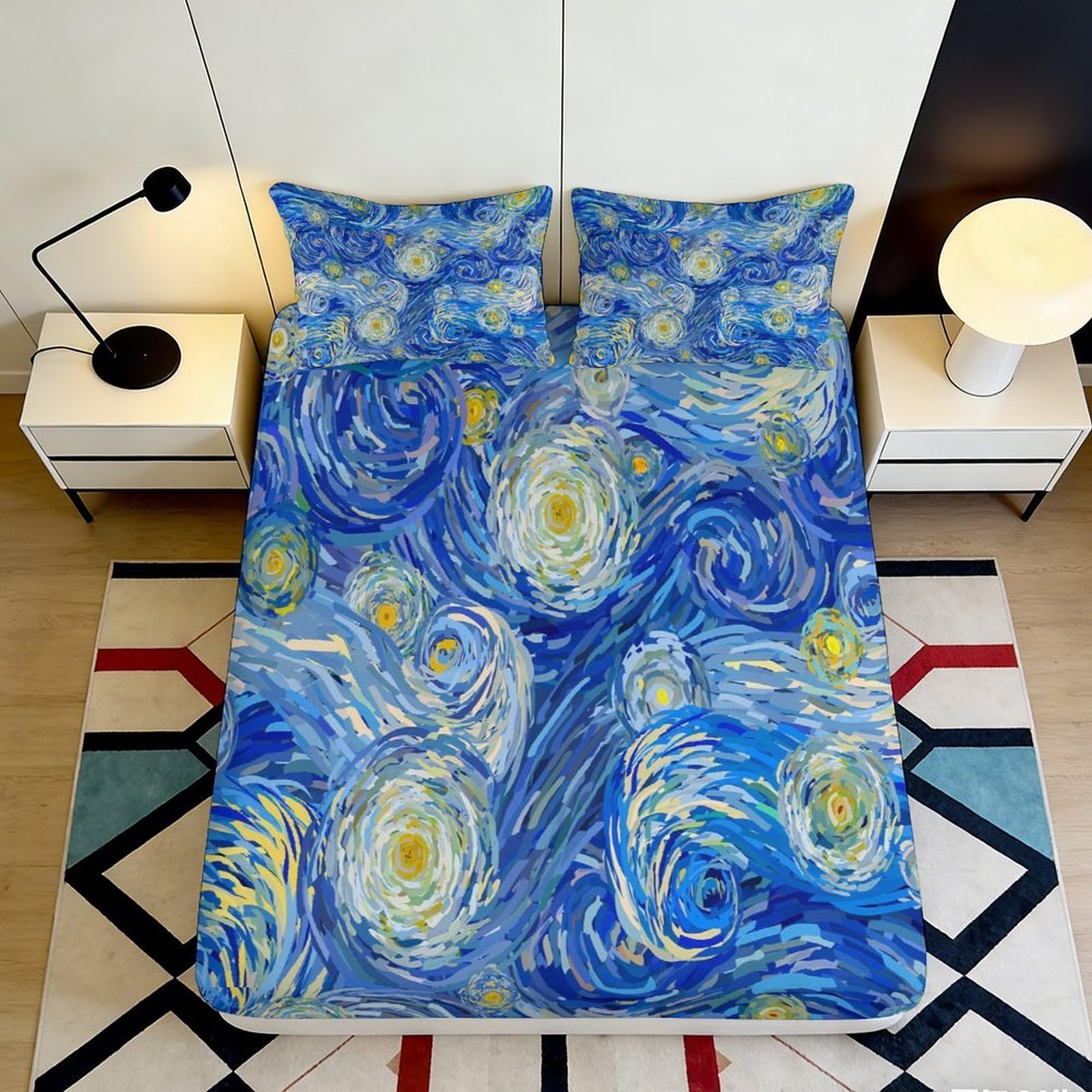 3D Printed Starry Night Sky Fitted Sheet Microfiber Soft Blue Mattress Cover for Bedroom Dorm Artistic Decor 90x200x25cm