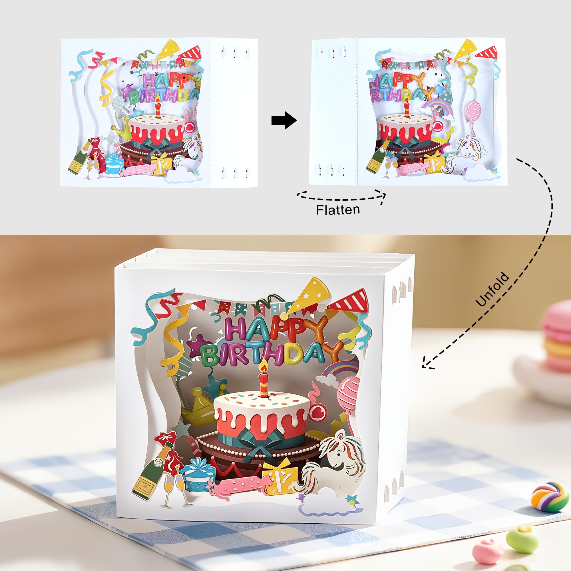 Kartka pop-up 3D, urodziny, jednorożec, tort, tunel, kartka z życzeniami