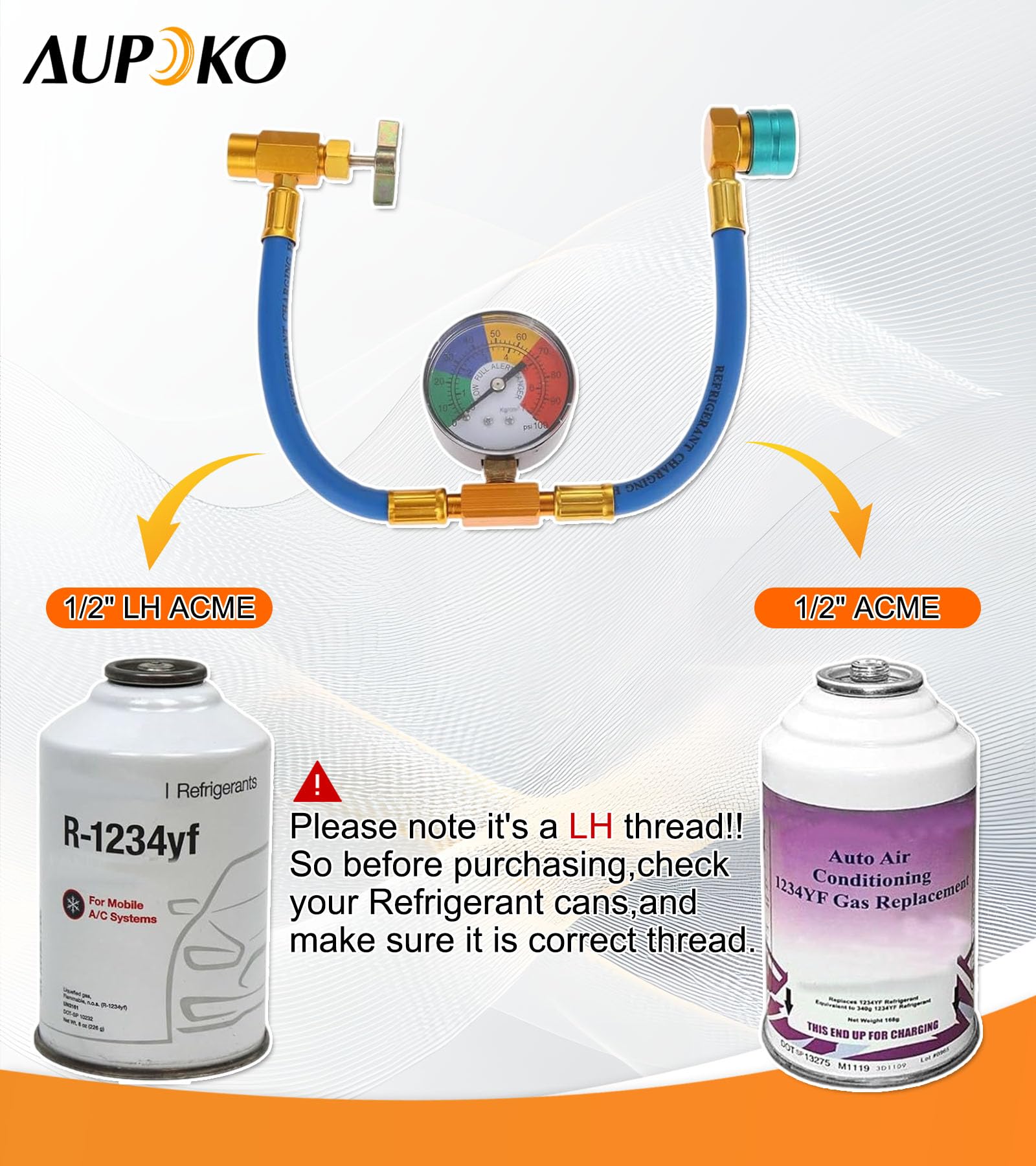 Aupoko R1234YF R1234YF - Kit per tubo di ricarica refrigerante Acme a sinistra per auto e casa A/C Refrigerant System R1234YF Low Side Quick Coupler e manometro per auto e casa A/C Refrigerant System