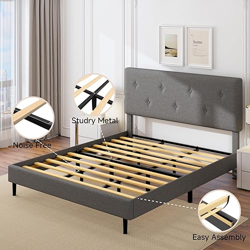 Miniatura 6 de Marco de cama de lino tamaño Queen, marco de cama tapizado con cabecera ajustable, soporte de listones de madera, no necesita somier, fácil montaje,
