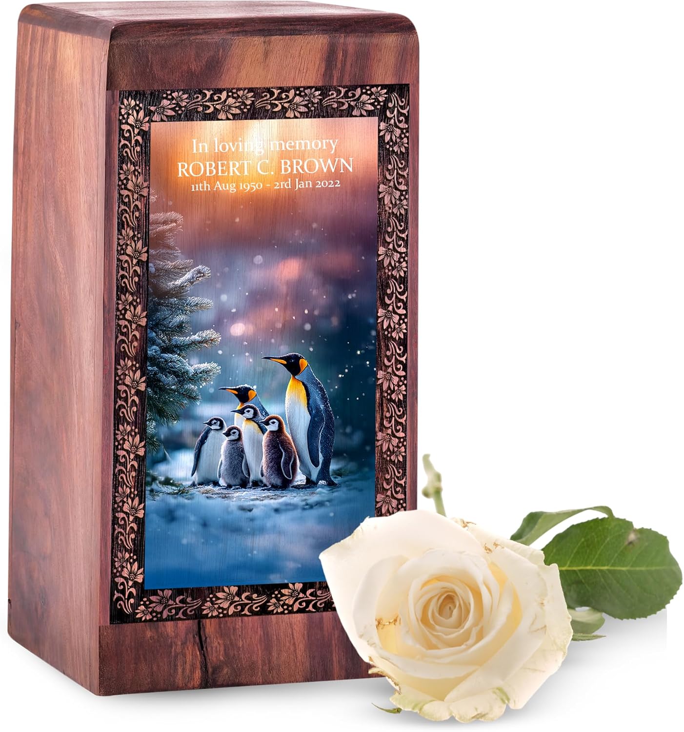 Penguins Wooden Engraved Boxes - Personalized Funeral Urns - Large Urn for Human Ashes Brother - 11 Inch