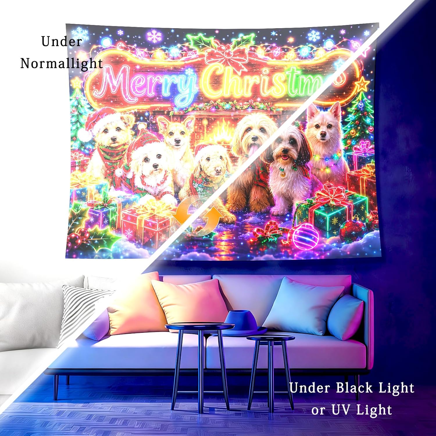 KKYEJLQYI Blacklight Christmas Puppy Tapestry, UV Reactive Xmas Dogs Wall Hanging, Neon Merry Christmas Art with Santa Hat Puppies Gift Box Xmas Tree, Holiday Decor for Bedroom Dorm Living Room, 78.7 x 59.1 Inch image 4