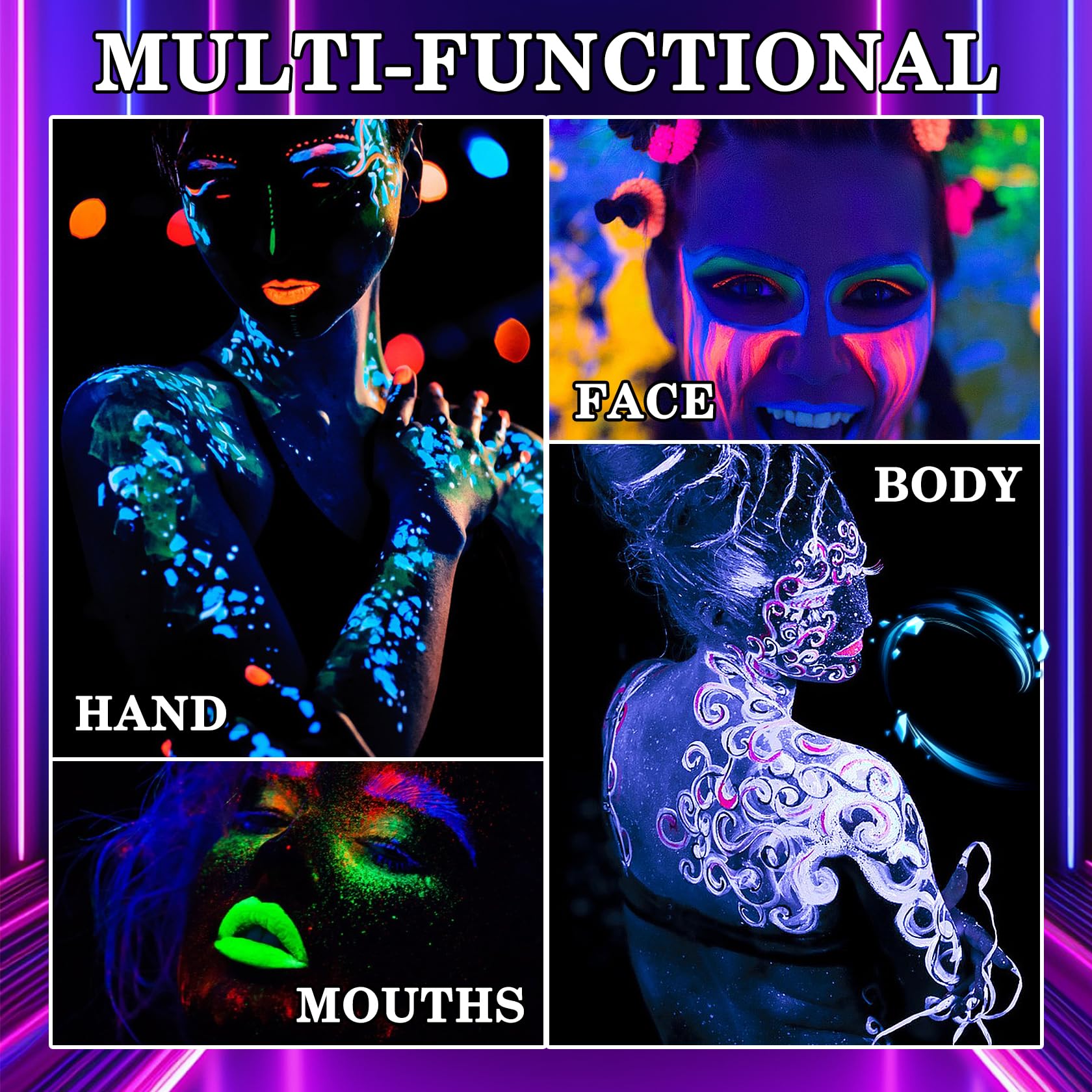 Juego de pintura facial y corporal de 6 colores que brillan en la oscuridad, crema de Halloween para piel, kit de pintura profesional para fiestas, cosplay, maquillaje negro resplandor SFX, 0.3 fl oz 5