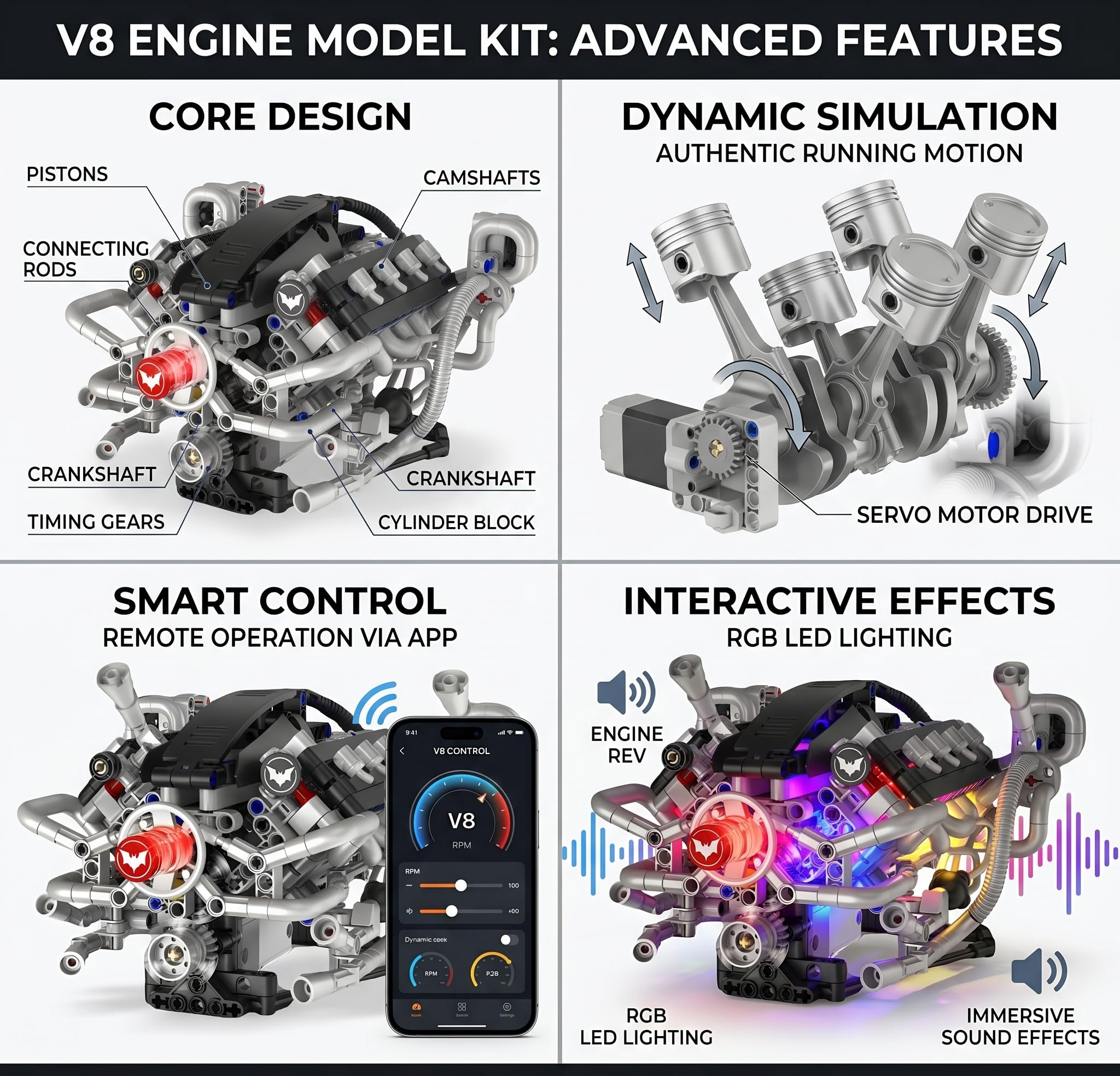 Kit Motor, V8 Modelo Set Proyecto Proyecto Regalo Set Creativo | kit motor: pistones móviles, servo motor, batería y luz simulada de bujía; escritorio, aula, exposición y colección