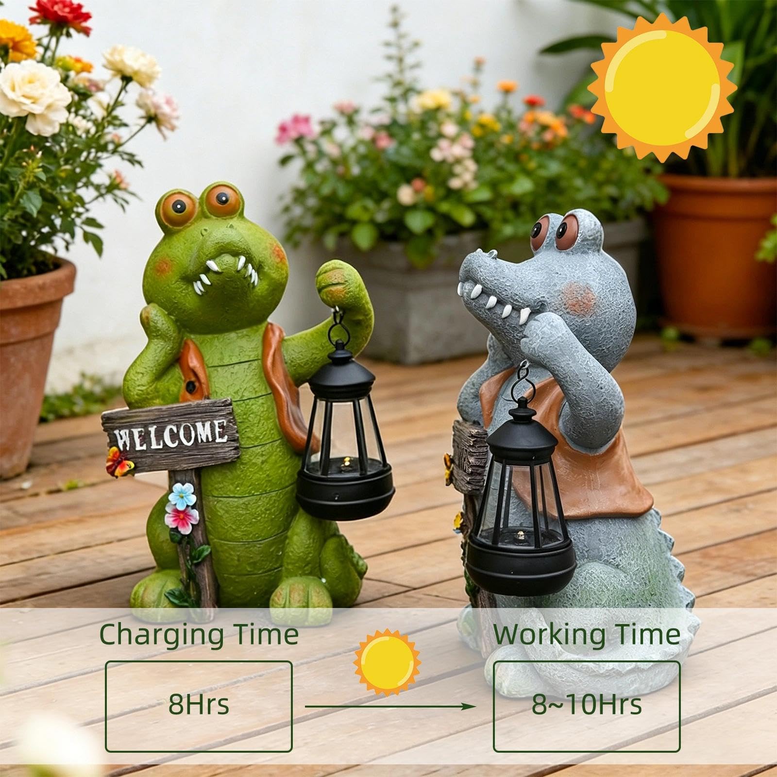 Solar Krokodil Gartenfigur,Niedliche Krokodilstatue mit LED Laterne,Lustiges Krokodil Figur mit Welcome Schild,Automatisch Wetterfest,Tierdeko für Außen Garten Rasen Terrasse Hof Balkon(Grau)
