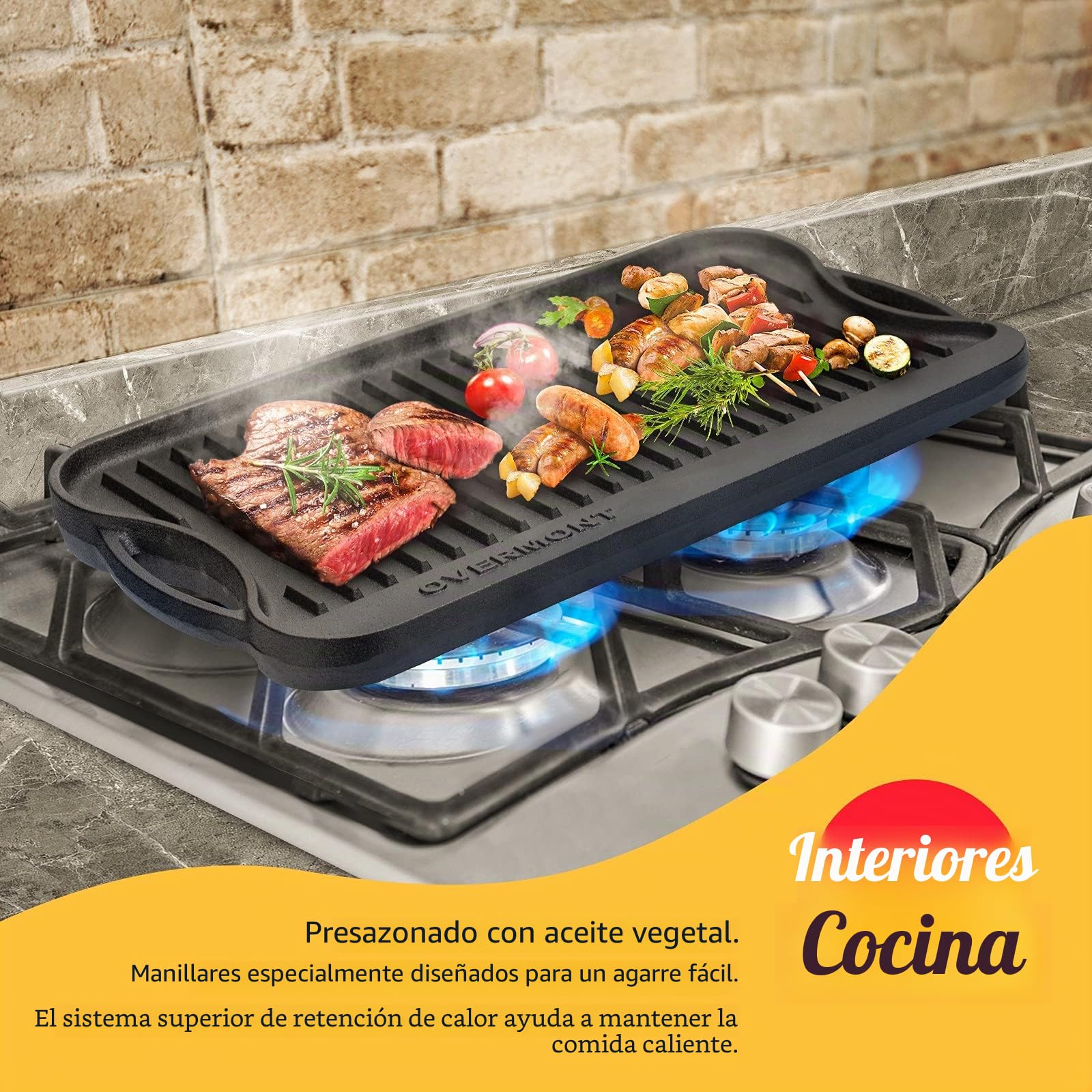 OVERMONT Parrilla Reversible de Hierro Fundido pre-sazonado con Asas para Estufa de Gas, Horno de Fuego Abierto, 43,18 x 24,89 cm, una Bandeja, raspadores incluidos