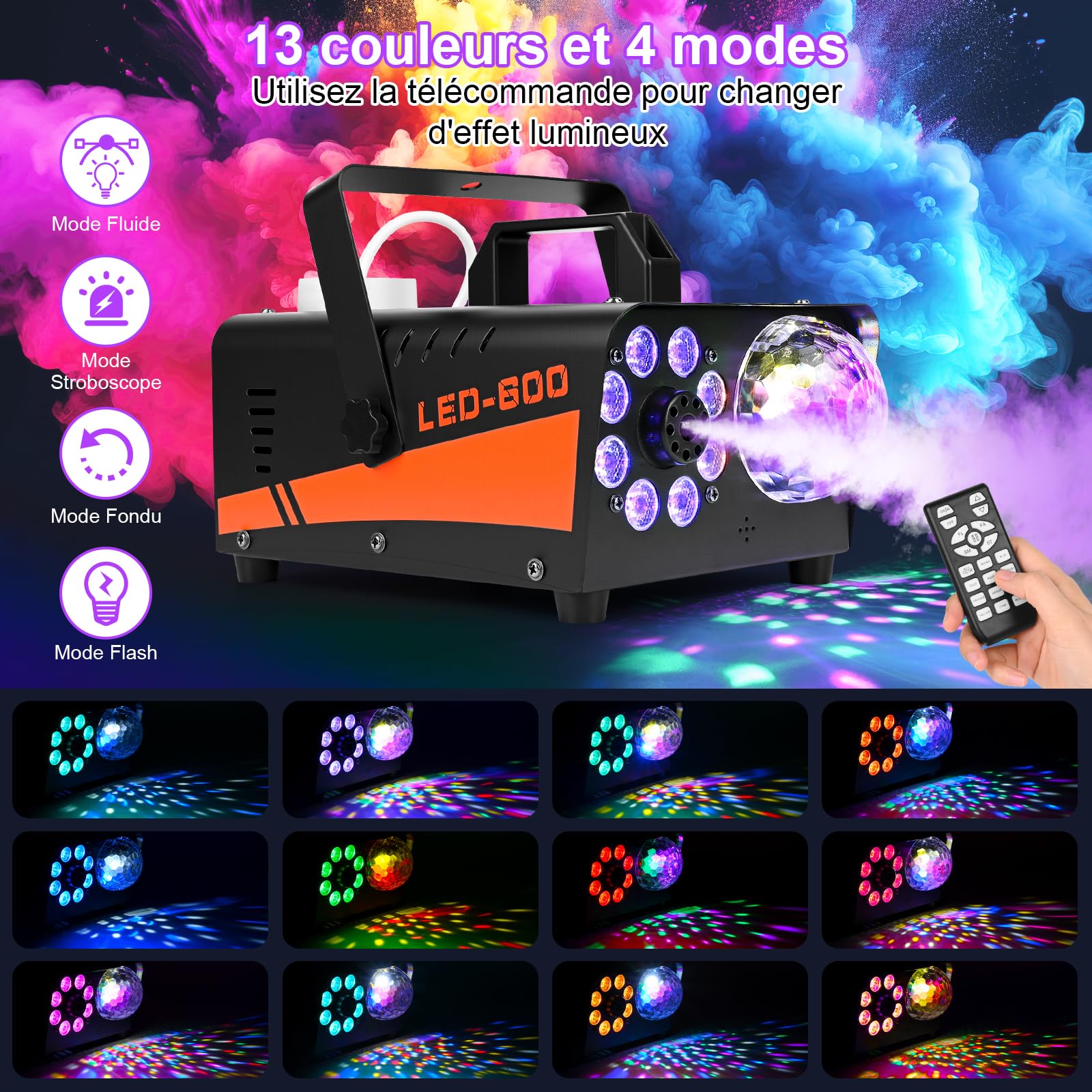 GuKKK Machine à Fumée Télécommande 600W Machine à Brouillard, Portable avec 8 LED Lumières Contrôlables en Couleur, Machine a Fumee DJ pour Halloween, Noël, Fête, Mariage, Effet Scène