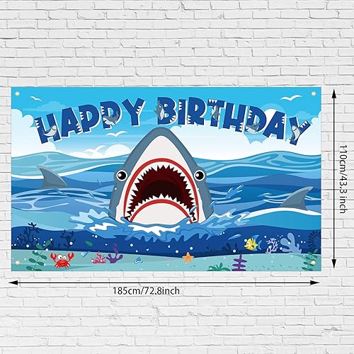 Miniatura 2 de Tatuo Cartel de fondo de cumpleaños de tiburón, decoraciones de cumpleaños de tiburón, fondo de fotografía de zona para niños y niñas, suministros