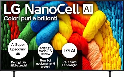 LG NanoCell AI NANO80 65 pollici, Smart TV 4K, Processore α7 Gen8, Tecnologia NanoCell, webOS con AI e telecomando puntatore AI, Filmmaker mode, Gaming con VRR 4K@60Hz, 65NANO80A6B 2025
