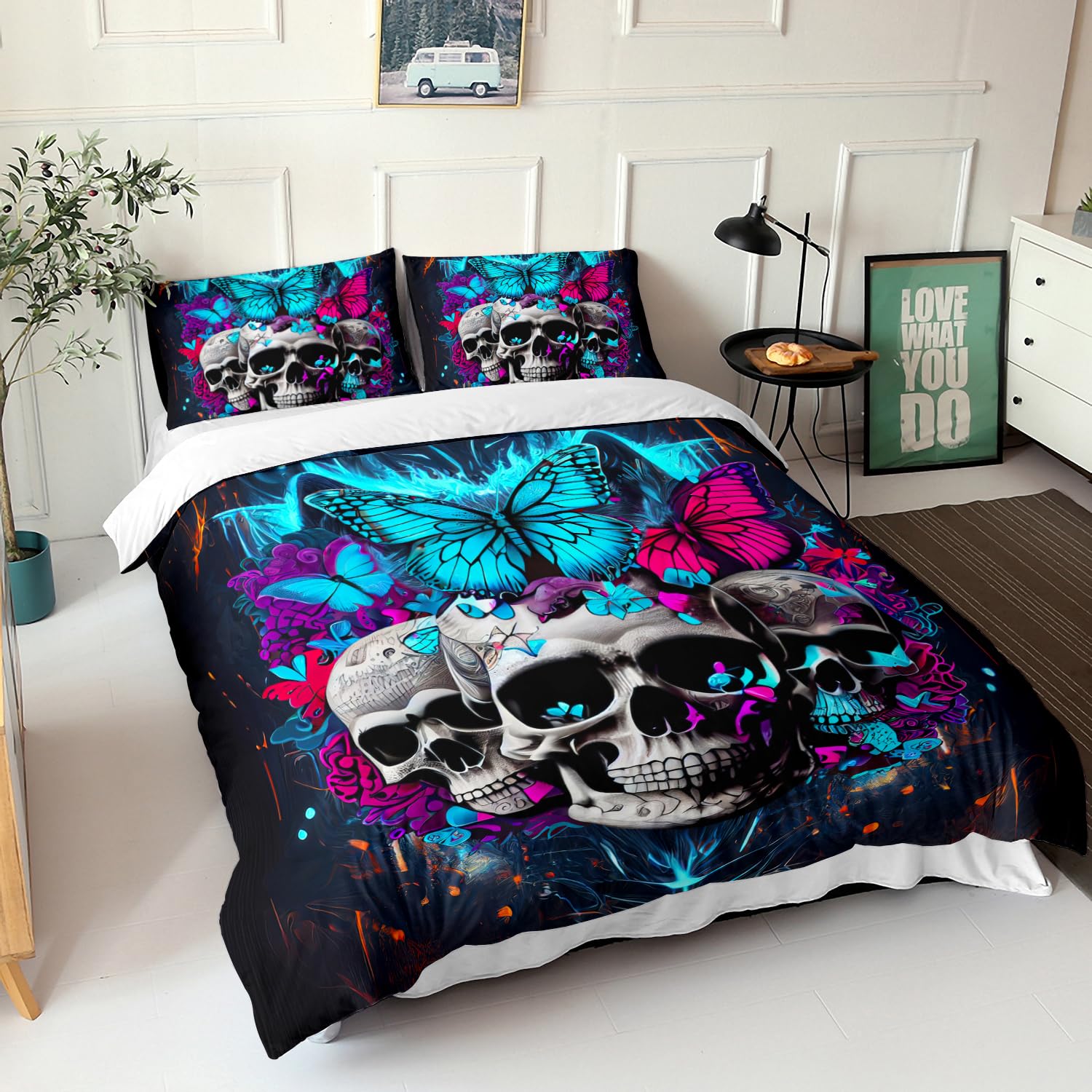 AILONEN 3D Skull Duvet Cover Set Queen Size, Butterfly Bedding Set for Boys Girls,Gothic Comforter Cover Set 3 Pieces, 1 Quilt Cover and 2 Pillowcases (No Comforter)