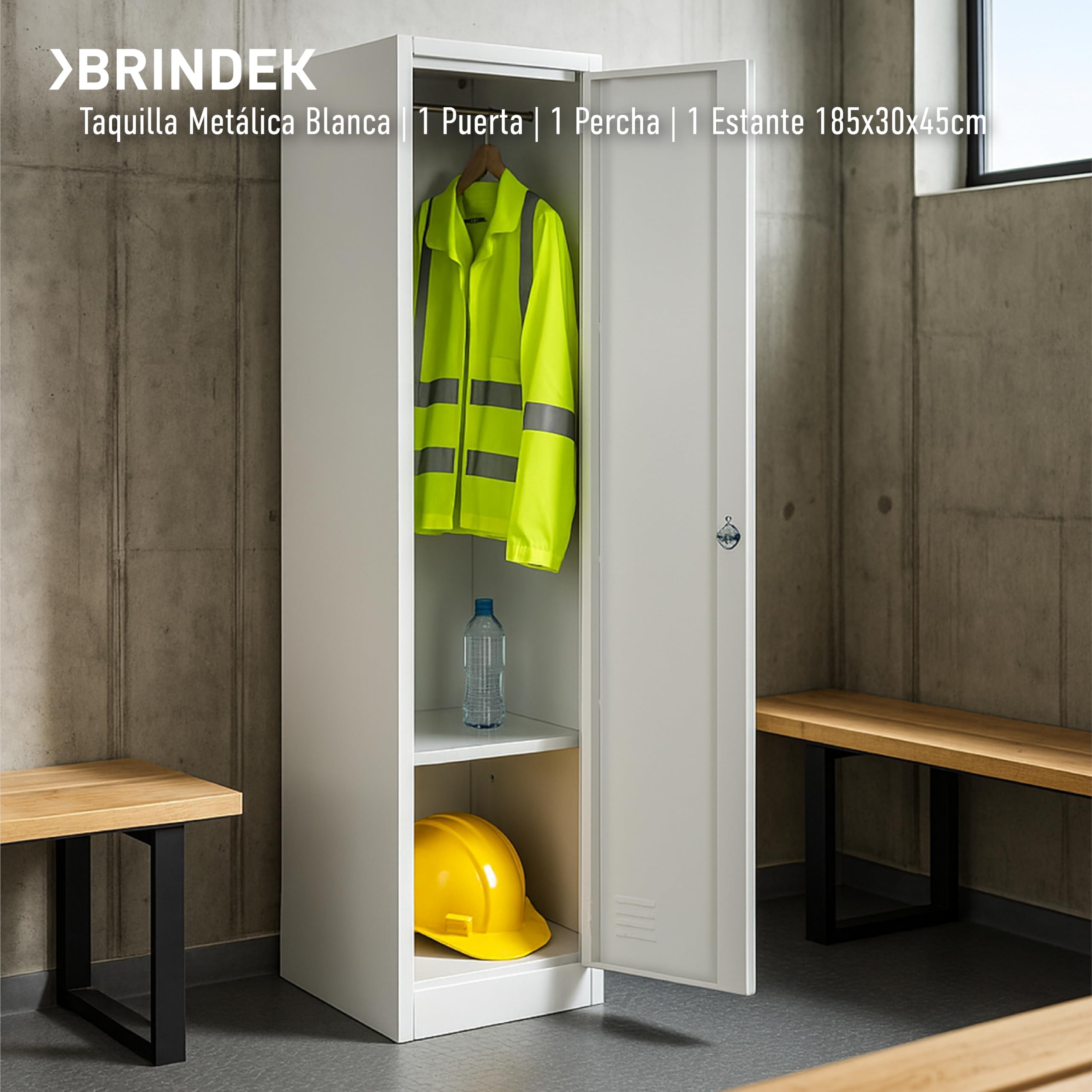 Taquilla Vestuario metálica 1 Puerta Blanca RAL 9016-185x38x45 cm con Cerradura, balda y Barra Interior - Incluye Llave | Armario metálico Estrecho Garaje Oficina Locker