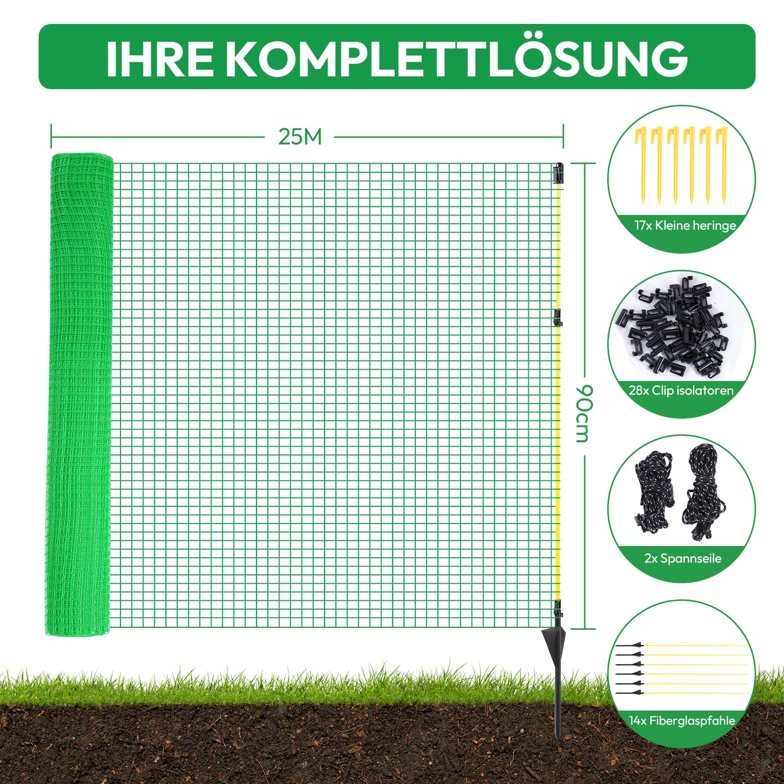 25m Gartennetz Universal Begrenzungszaun 90 cm Hoch | Mobiler Zaun Dunkelgrün Hundezaun Camping Beetschutz für Hasenzaun Garten