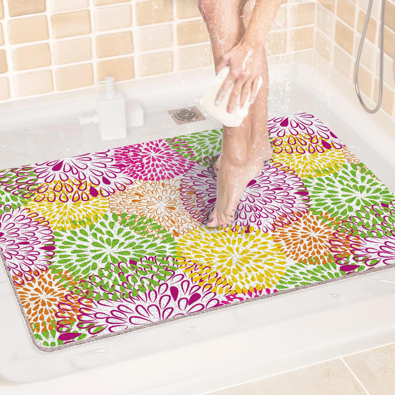 Shower Mats Anti Slip for Elderly, 120x140cm Non Slip Bath Mat for Inside Shower, Bath Tub Mats for Bathroom, PVC Loofah Bathroom Pads, Green Orange Purple