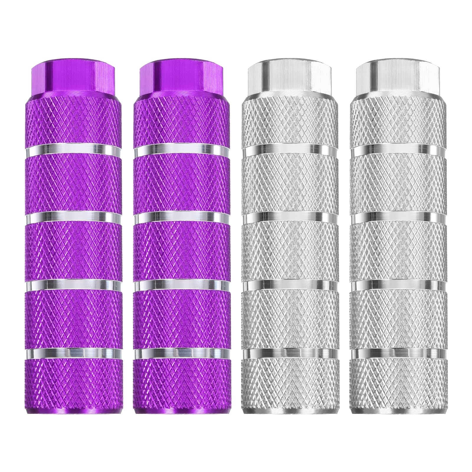 sourcing map 2 Pairs Bike Pegs Aluminum Alloy Rear Stunt Pegs Anti-Skid Stripe Back Seat Stands Fit 3/8" Axles for Mountain Bike, Purple & Silver