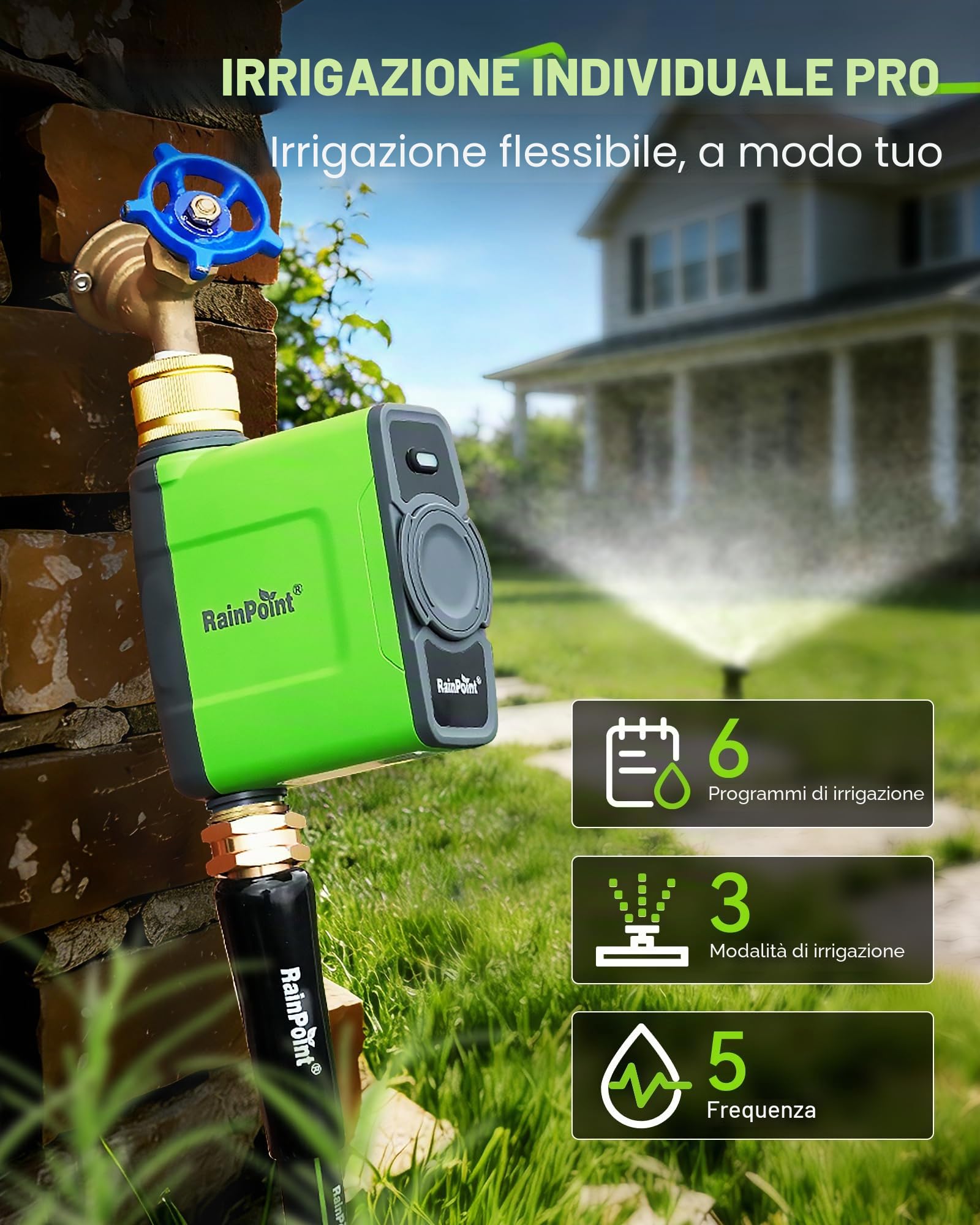 RAINPOINT Centralina Irrigazione WiFi con Ingresso e Uscita in Ottone, Intelligente Timer Irrigazione con Gateway dell'antenna, APP/Vocale Controllo, Ritardo per Pioggia/Manuale, per Prato Giardino