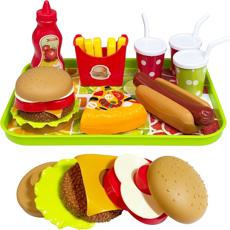 Happy Kids Meal Hamburger and Hot Dog Play Set, Pizza Food Cooking Toy, with Toy Chess Burger, Fries, Hot Dog, Pizza, Ketchup, and Tray