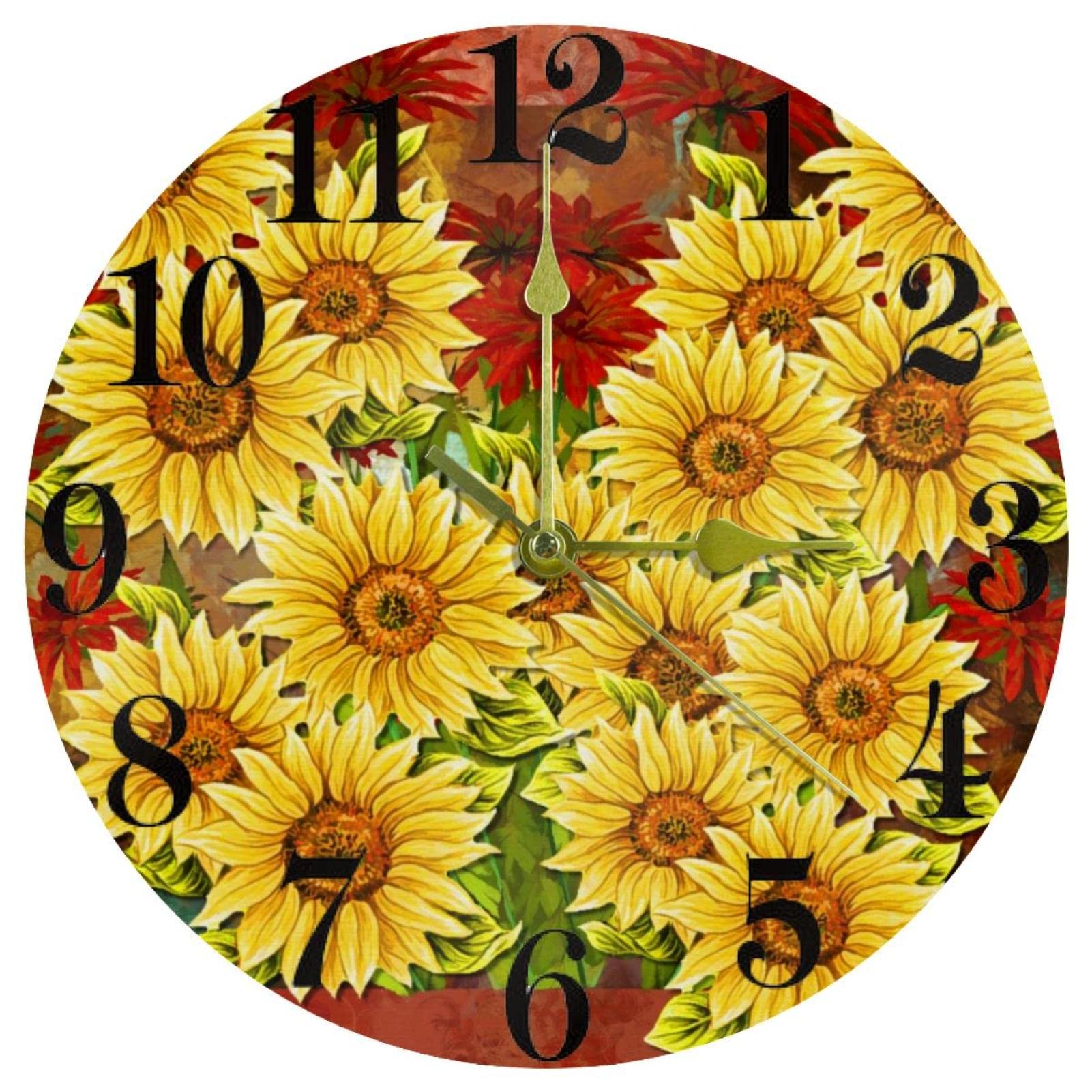 Horloge murale tournesols jaune rouge 25,4 cm idéale pour décorer une cuisine lumineuse