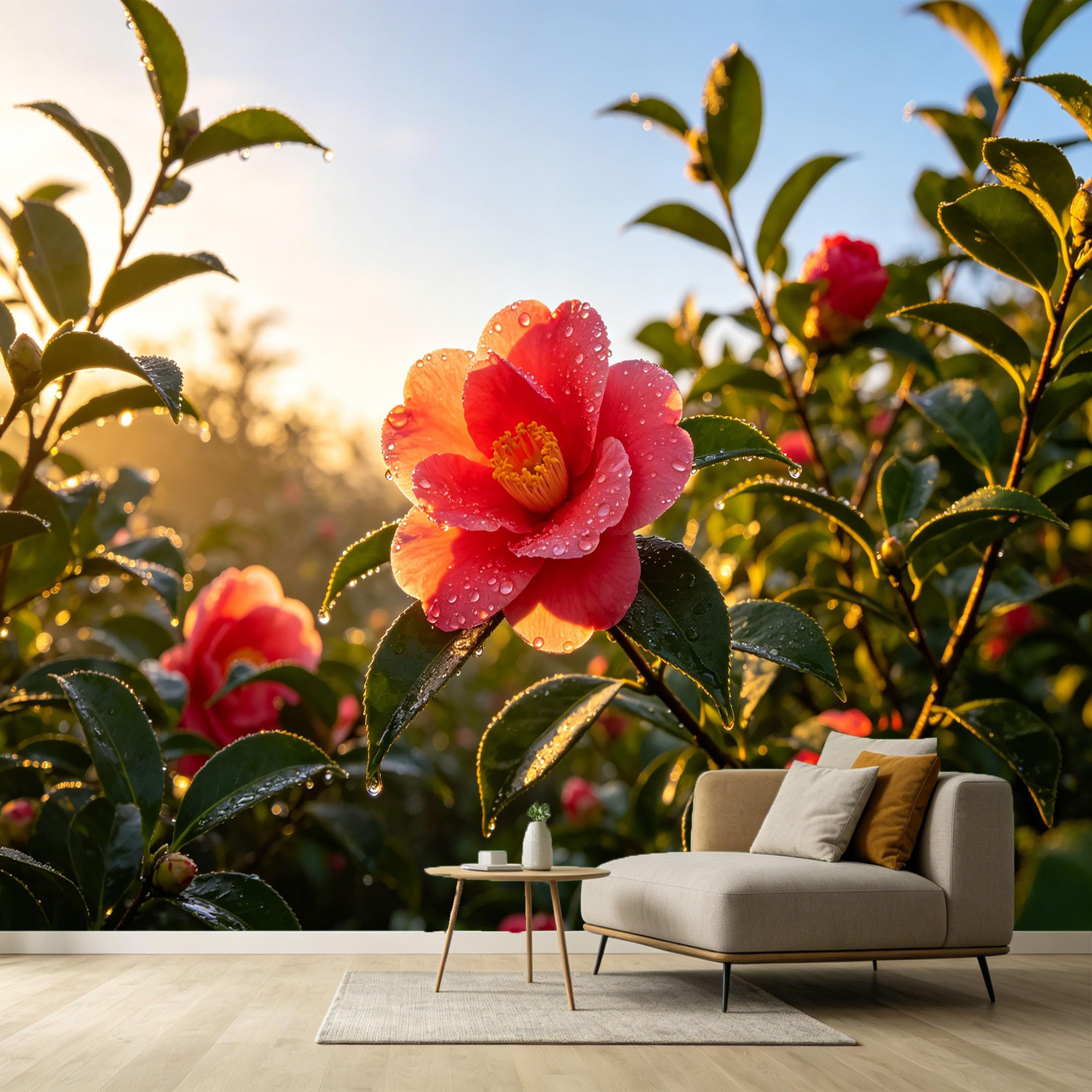 Custom Size Wall Murals Pink Camellia Botanical Watercolor Morning Sunlight Dew Drops SelfAdhesive Wall Fabric Removable Large Wallpaper for Photo Living Room