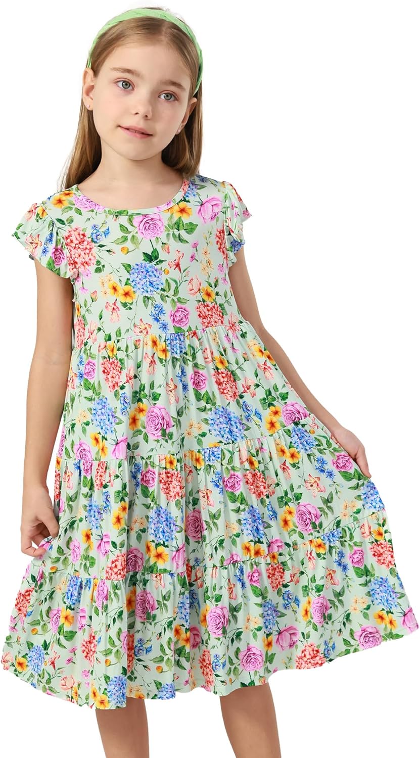 Bamboo Viscose Girl's Summer Dresses 5-14Y, Flutter Sleeve Tiered Swing Midi Casual Sundress with Pockets