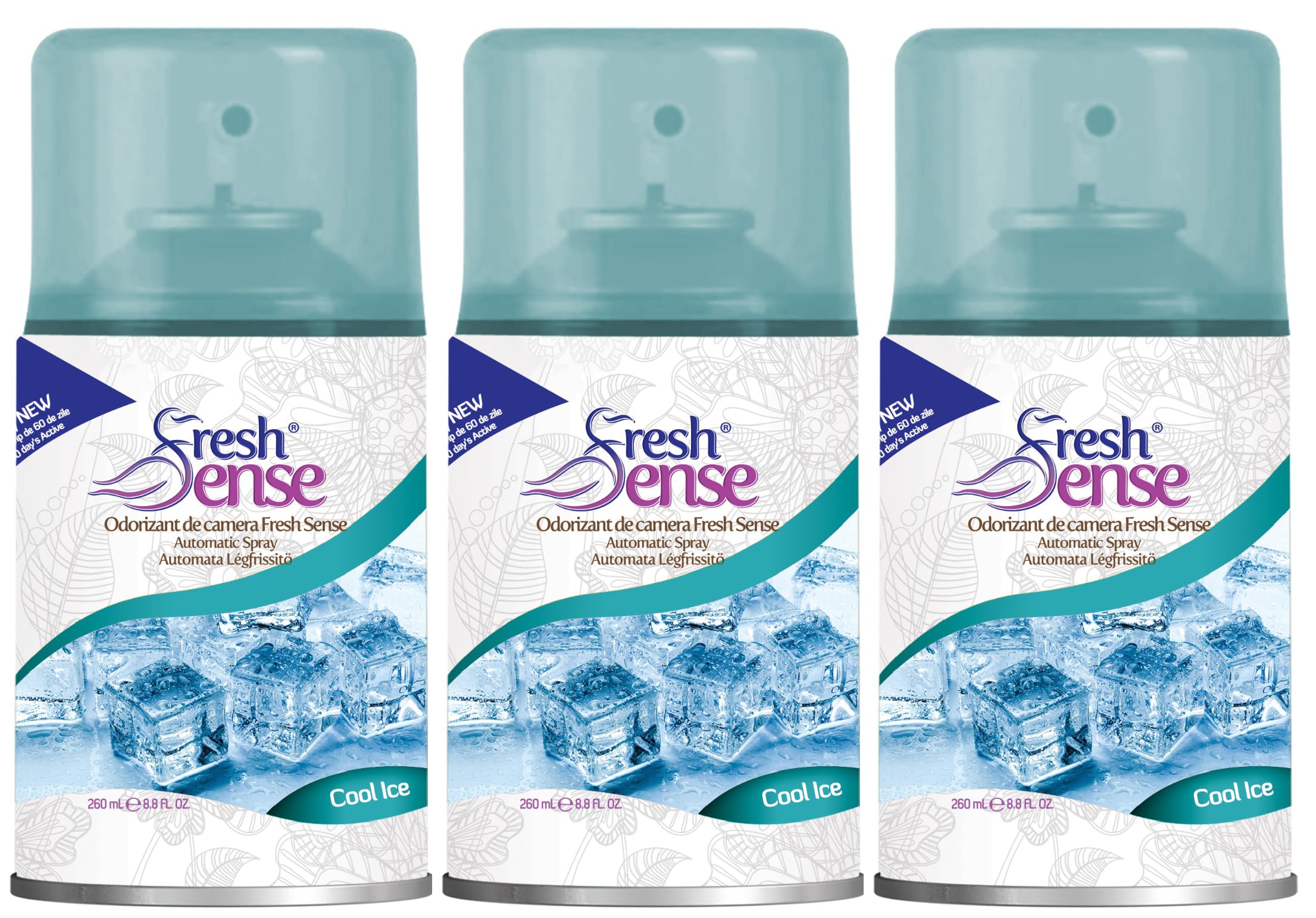 COOL ICE Air Freshener Auto Spray Refill 260ml (PACK of 3) | FRESH SENSE | Long Lasting Room Fragrance for Home, Office, Bathroom, Toilet & Kitchen | Fits Any Automatic Freshener Gadget Machine