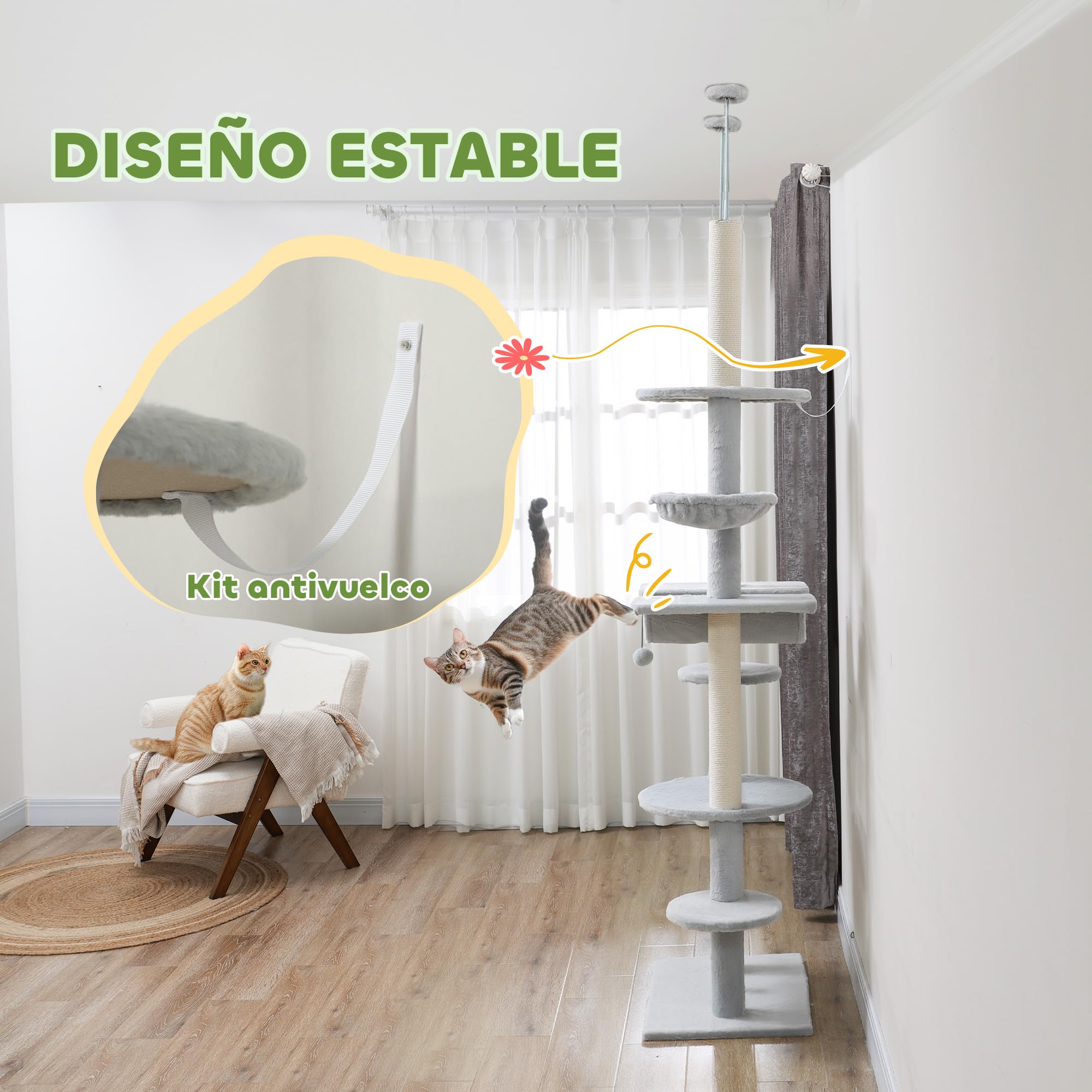 PawHut Árbol para Gatos de Suelo a Techo 225-255cm 7 Niveles Rascador Gris | Torre para Gatos, Hamacas, Plataformas, Juguete de Cuerda, Bola de Juguete