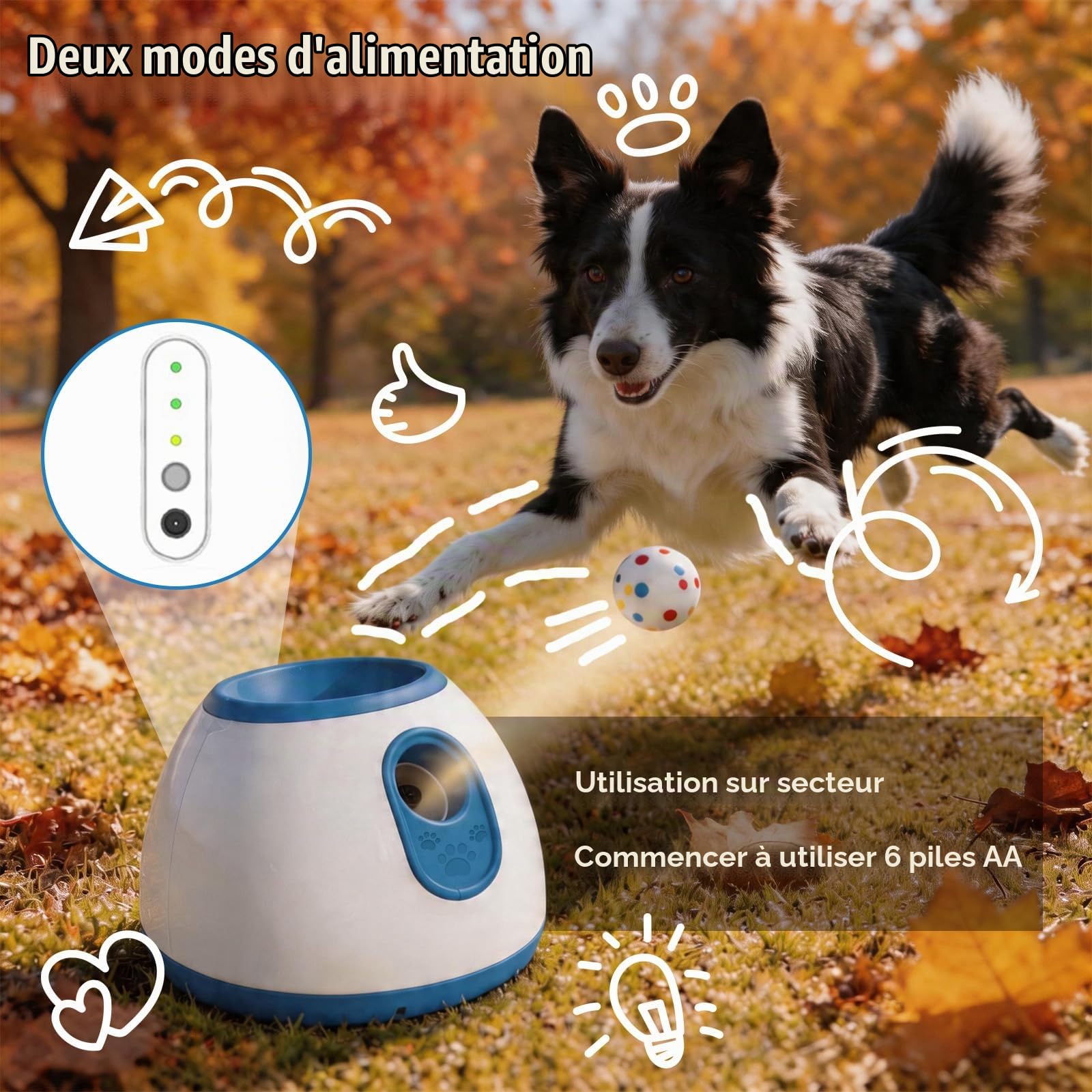 Lanceur de balles automatique pour chiens – Machine interactive de lancer de balles avec 3 distances de lancer réglables, incl. 6 balles de tennis, pour chiens de petite et moyenne taille