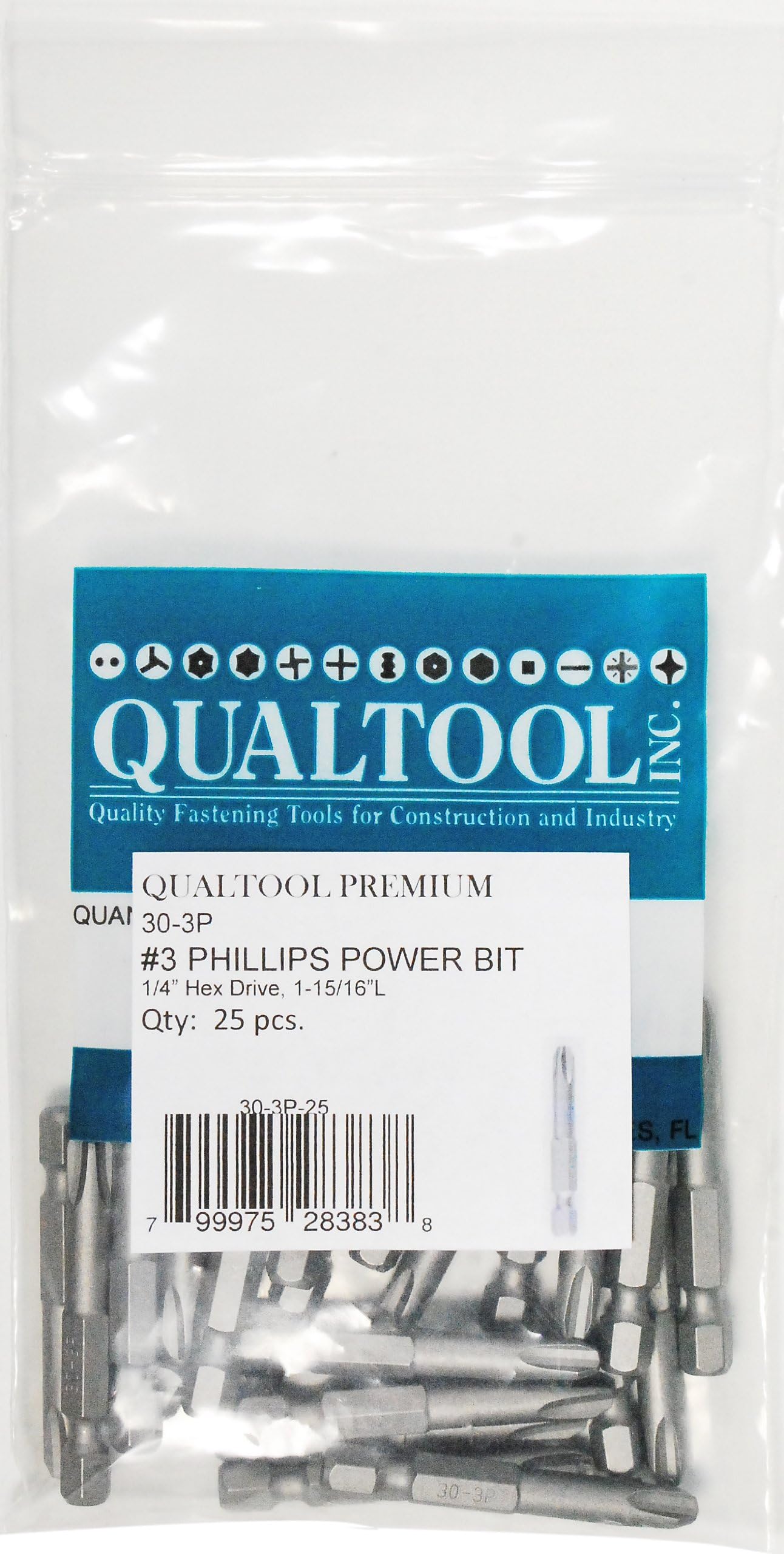 Qualtool Premium 30-3P-25 1/4-Inch Hex Drive Size 3 Phillips Power Bit, 25-Pack