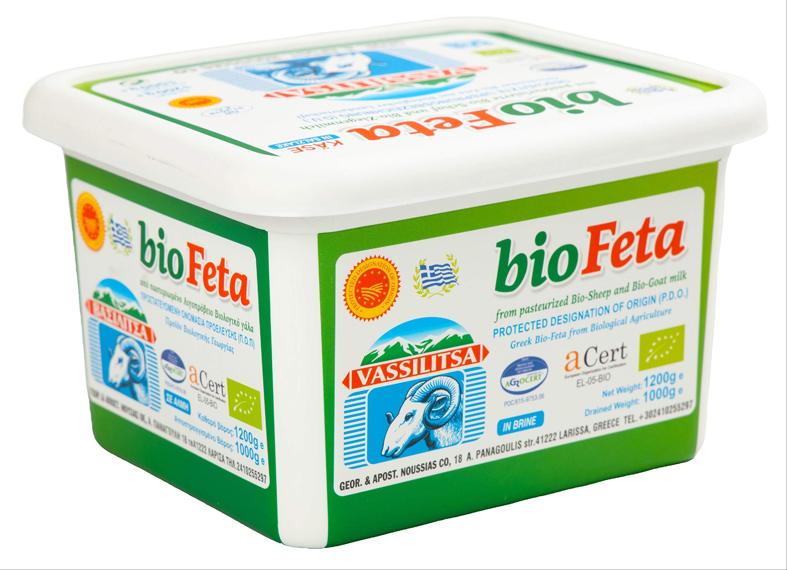 Vassilitsa BIO Feta BIO Schafkäse - 2x 1kg - BIO Fetakäse BIO griechischer Feta Schafskäse in Salzlake Sheep Cheese 43% Fett i.Tr. aus Griechenland 70% Schaf 30% Ziege Plastikbehälter Biologisch