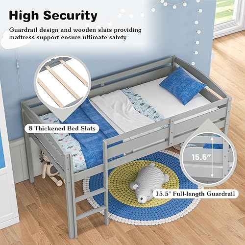 Miniatura 10 de Giantex Cama alta individual con escalera, cama alta de madera de perfil bajo con 30 pulgadas de espacio libre y rieles de protección de seguridad,