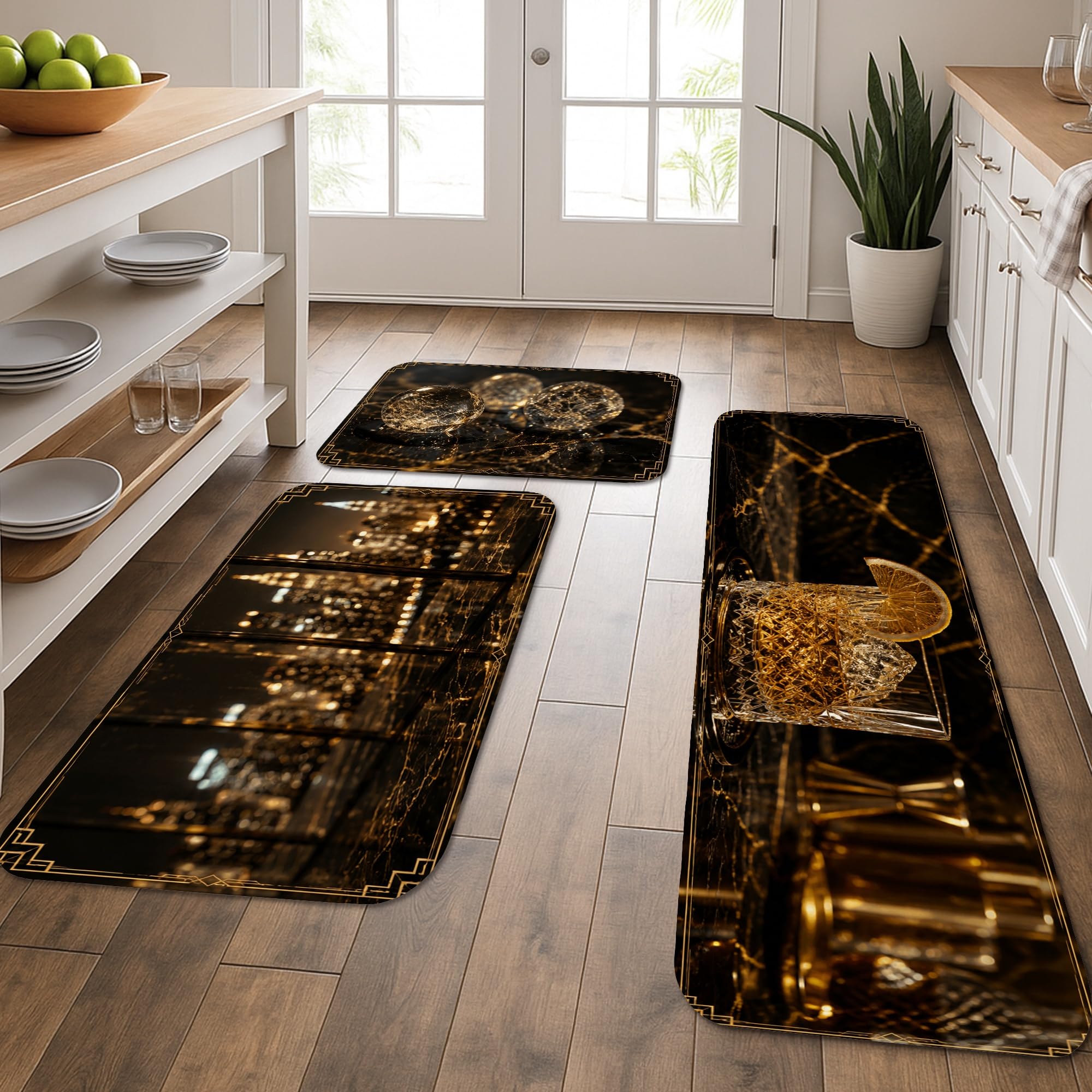 Lot de 3 tapis de cuisine noirs et dorés lavables et confortables pour sol de maison