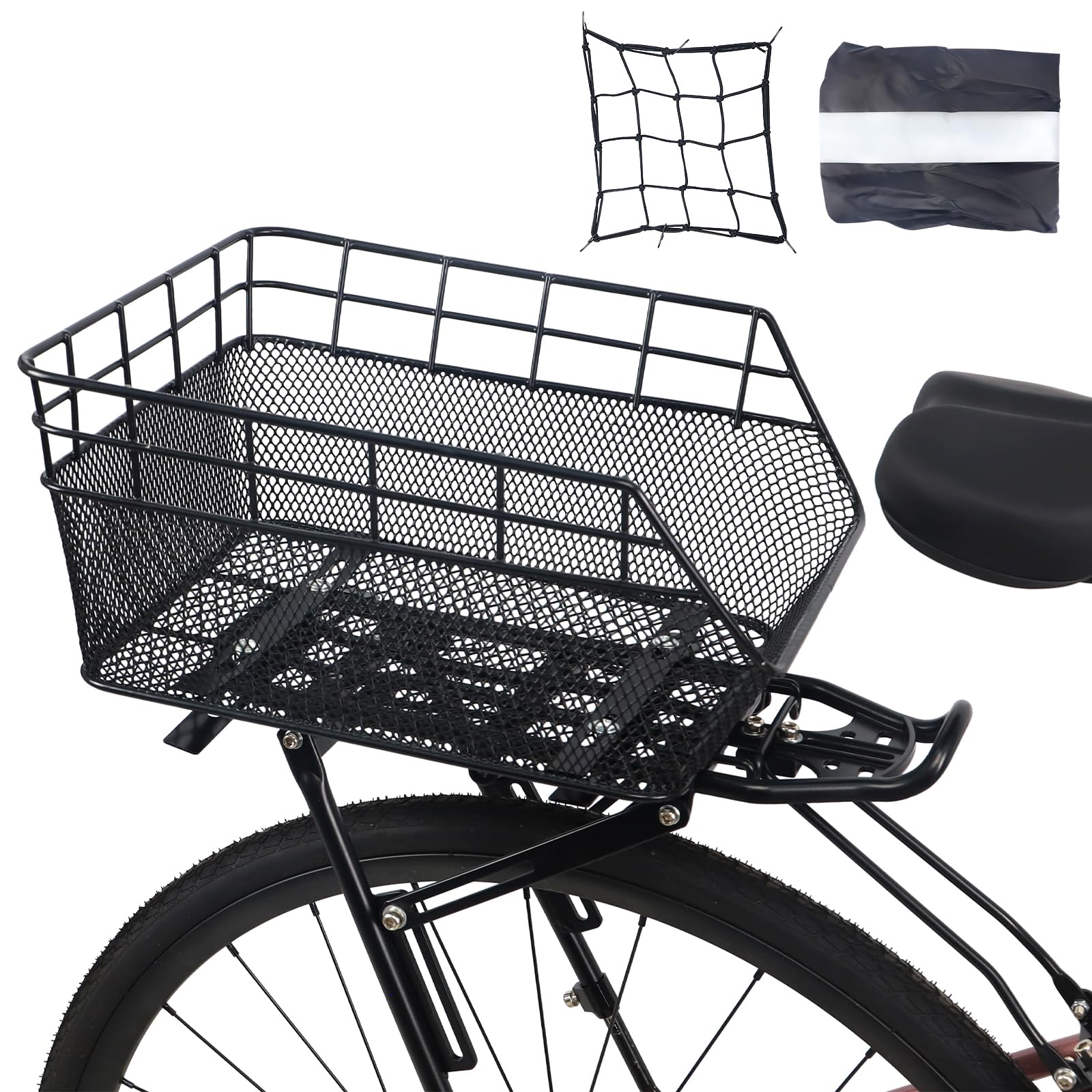 GRELiving Fahrradkorb Hinten – Robuster Gepäckkorb für Fahrrad & E-Bike mit Wasserdichter Abdeckung&Ladungsnetz,Fahrradkörbe/Bike Korb (Schwarz) Sport & Freizeit