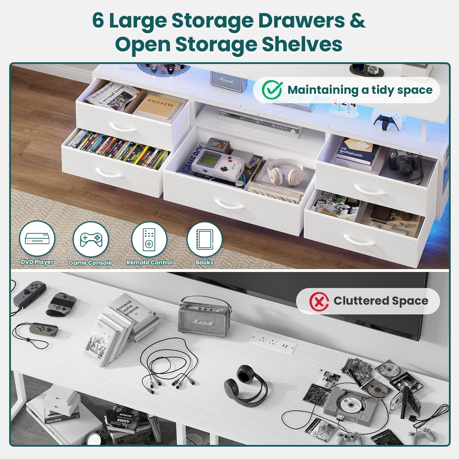 BTHFST TV Stand with Mount for 45/55/65/70 inch TVs, 51.2" LED TV Stand with Power Outlets & Storage, Entertainment Center with Storage, Wihte