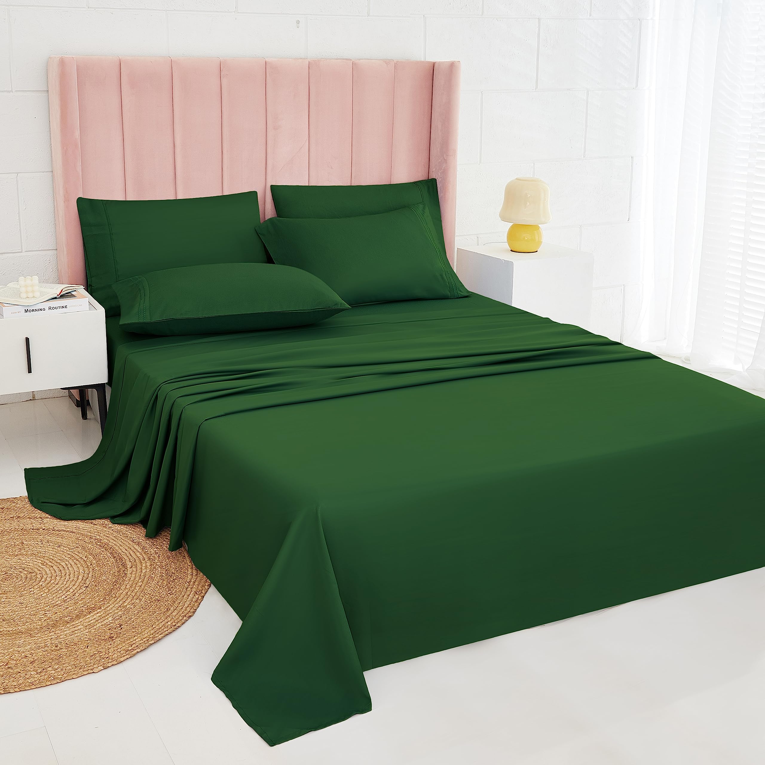 MICORAL King Bamboo Sheets Set - Breathable Cooling Bedding Sheet Set - Bed Sheet Set with 16" Deep Pocket (6 Pieces, King, Emerald Green)