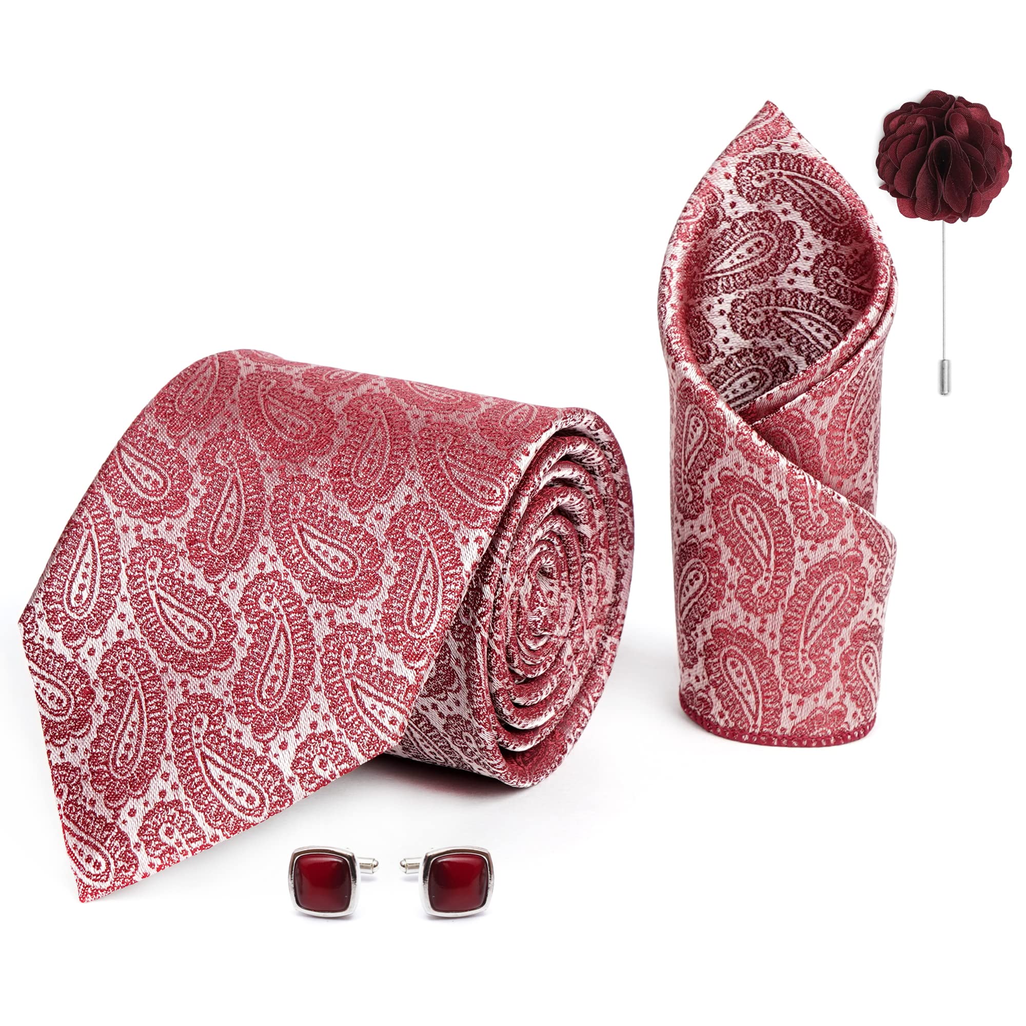 Tie for Men – Paisley Silk Neck Ties Set with Cufflinks Flower Pin, Pocket Square & Black Gift Box, Combo Necktie Sets for Office Wear, Formal Suits & Weddings (0, AXAMBM1RX)-image-44