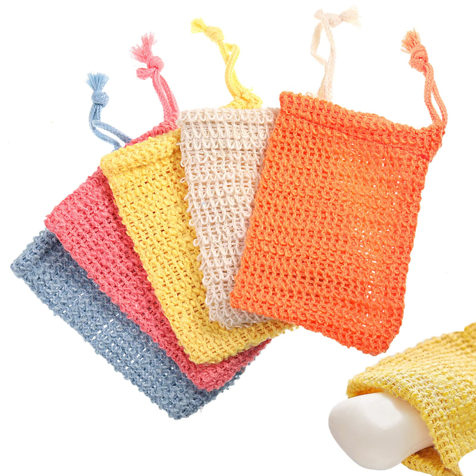 Sisal Soap Bag Set of 5 - Foaming & Body Scrubbing Natural Fiber, 5 Colors
