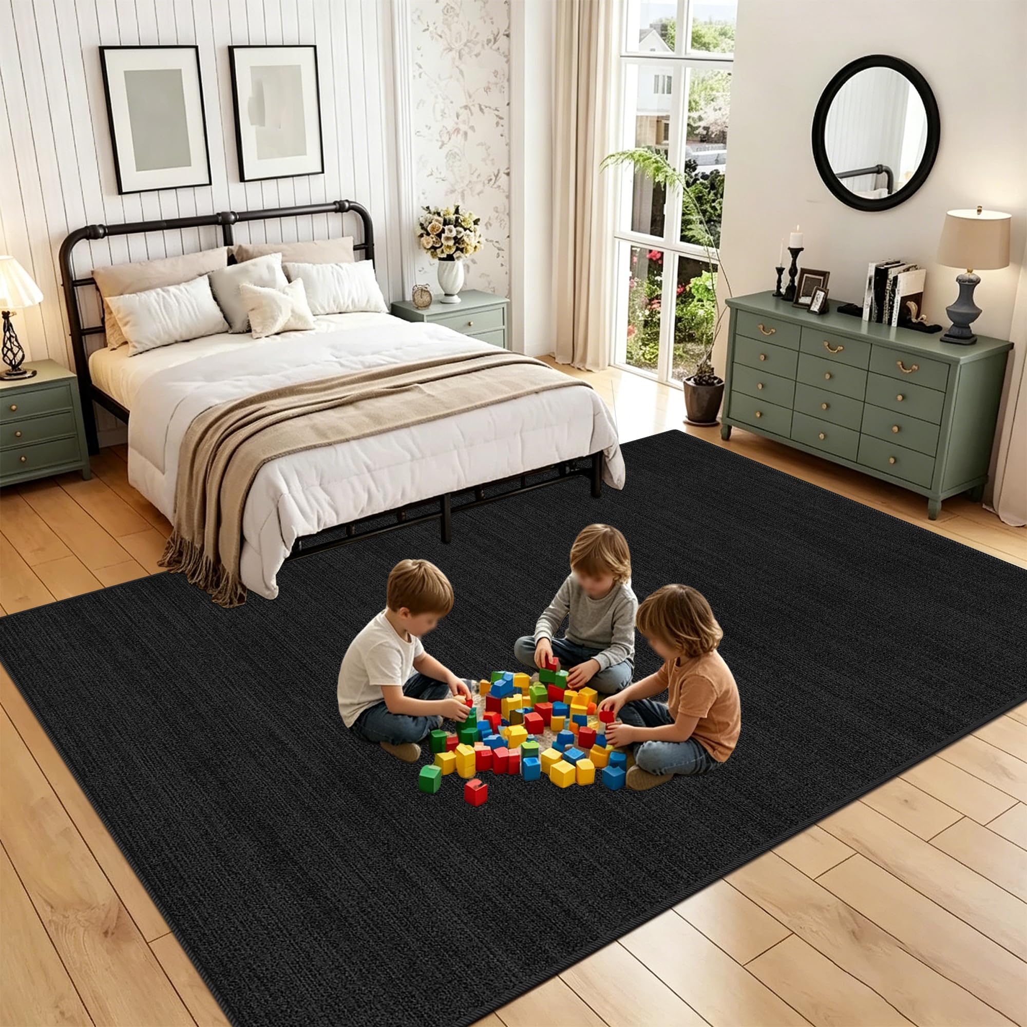Slish - Alfombra negra de 160 x 200 cm, antideslizante, para dormitorio y sala de estar, versátil para comedor, salón y mesita de noche