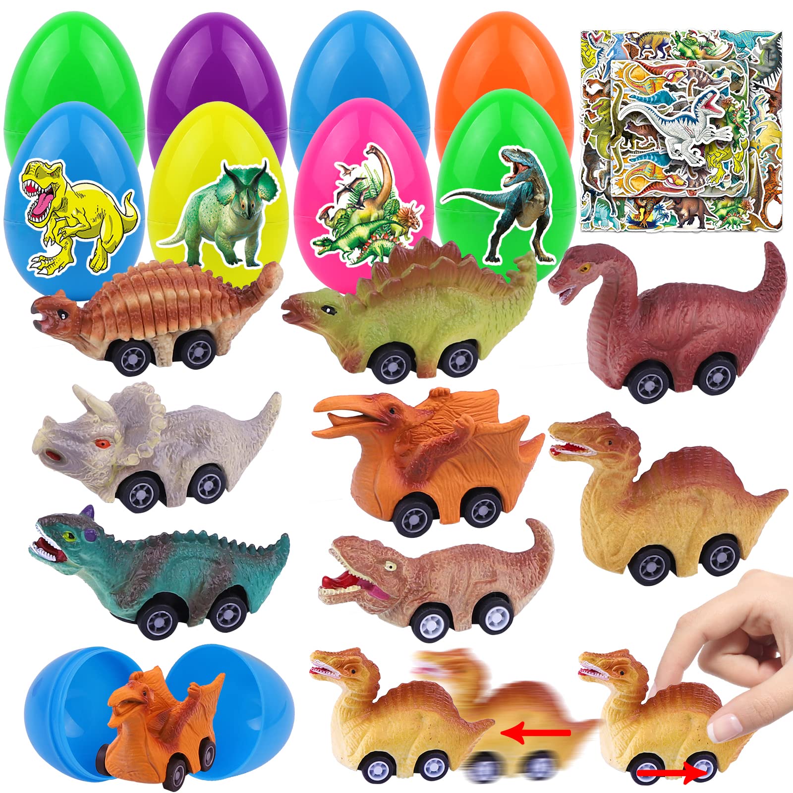 DULEFUN 8 Pack Prefilled Easter Eggs with Pull Back Dinosaur Cars Toys Inside Easter Basket Stuffers Fillers Gifts Party Favors for Kids Boys Girls Classroom Exchange and Prize Supplies