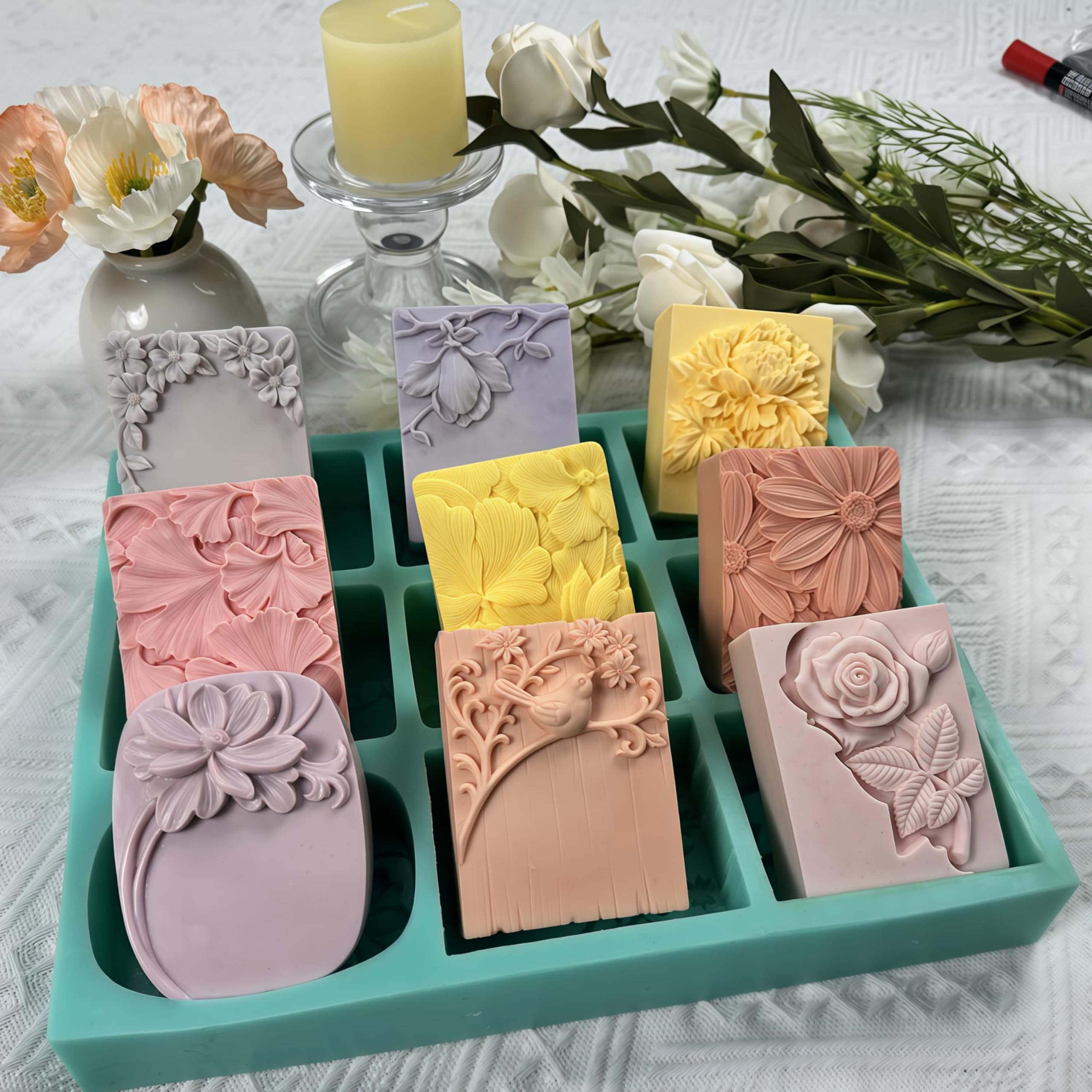 Molde de jabón de flores mixtas de 9 cavidades, bandeja de silicona hecha a mano, molde de silicona de flores para jabón natural, cera perfumada, difusor de yeso, decoraciones epoxi de cristal (IB-9