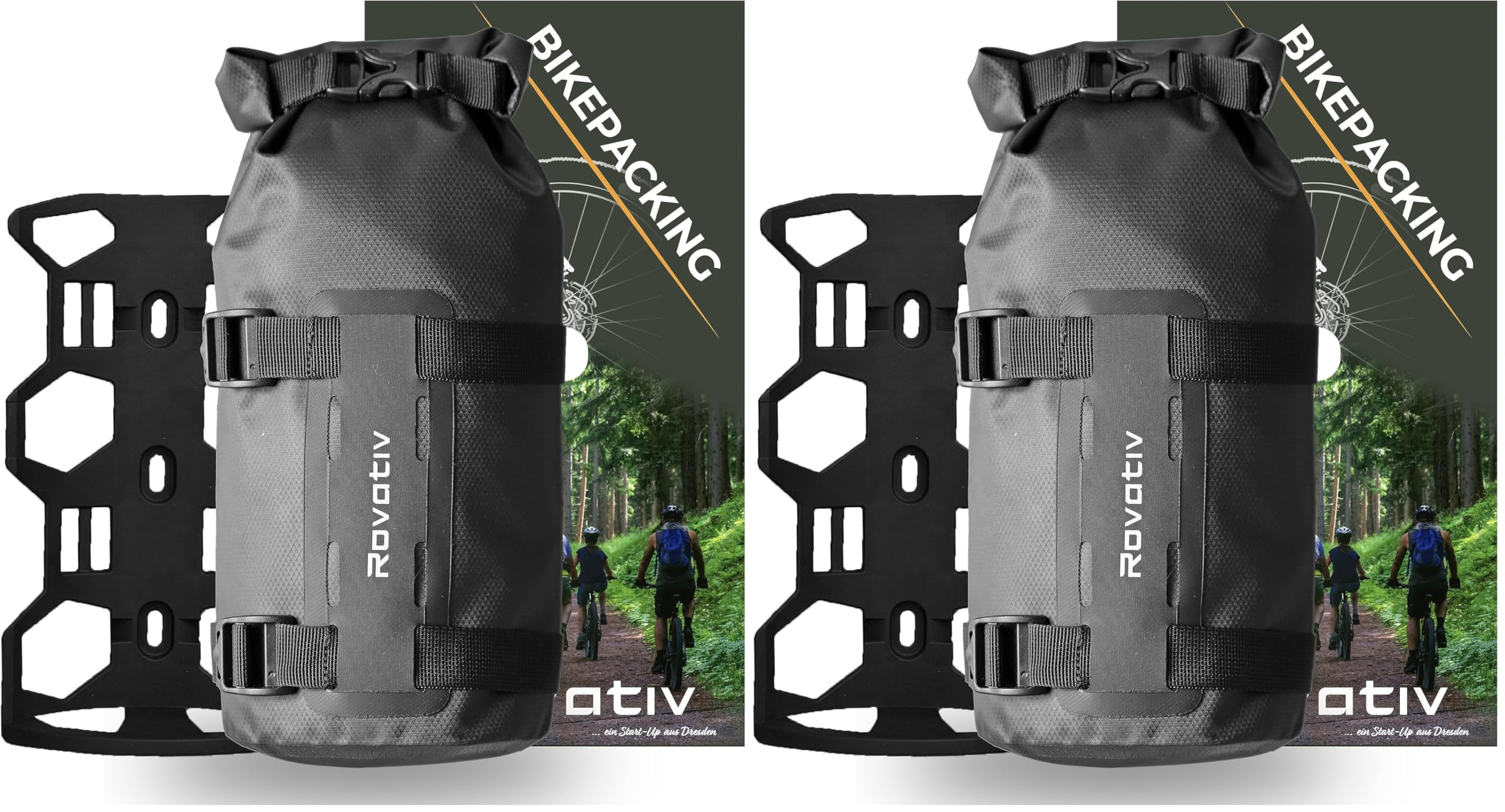 Rovativ® Bikepacking Gabeltasche mit Halterung [4,5 Liter] 100% Wasserdicht - Fahrrad Gabeltasche inkl. Dry Bag und Universalhalterung (Packung mit 2)