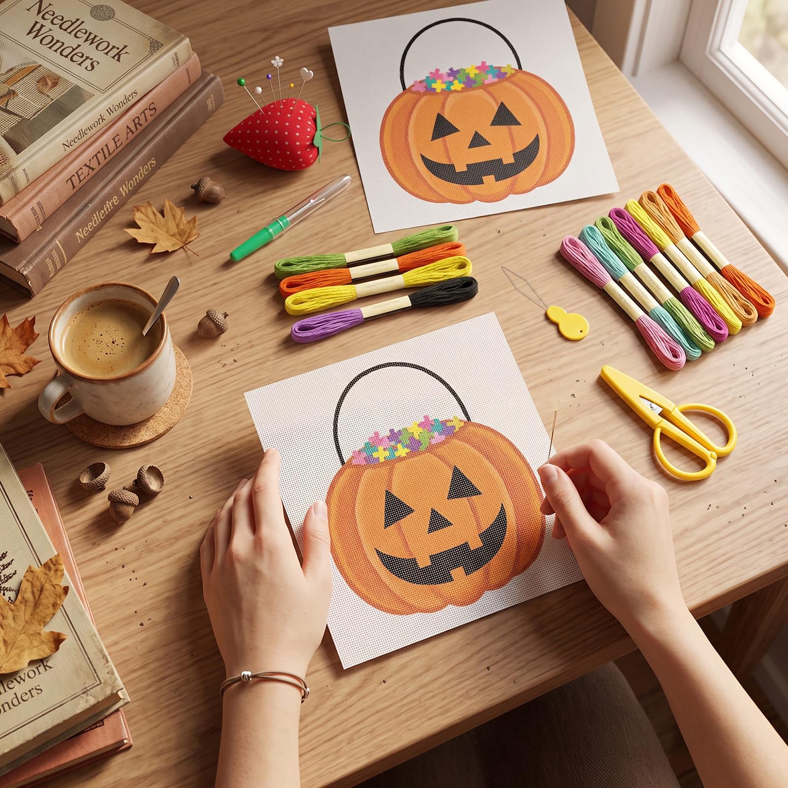 XunYee Juego de 30 cubos de calabaza de Halloween de 18 mallas de punto de aguja de lona pintado a mano para principiantes, adultos, 2 telas con patrón de Halloween de 7.8 pulgadas, enhebrador de