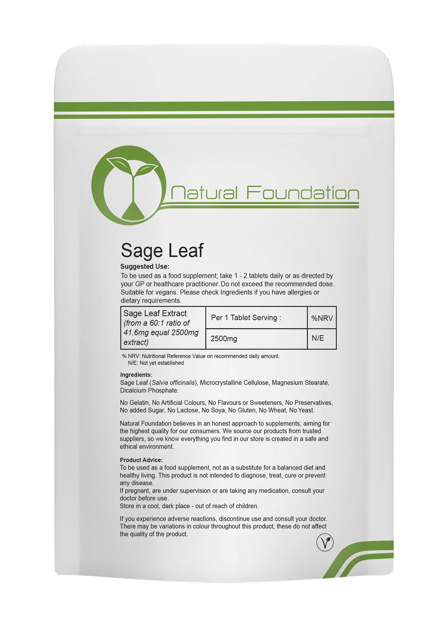 Sage Leaf Tablets 2500mg High Strength Standardised Vegan Tablets | Natural Foundation Supplements (60 Tablets)